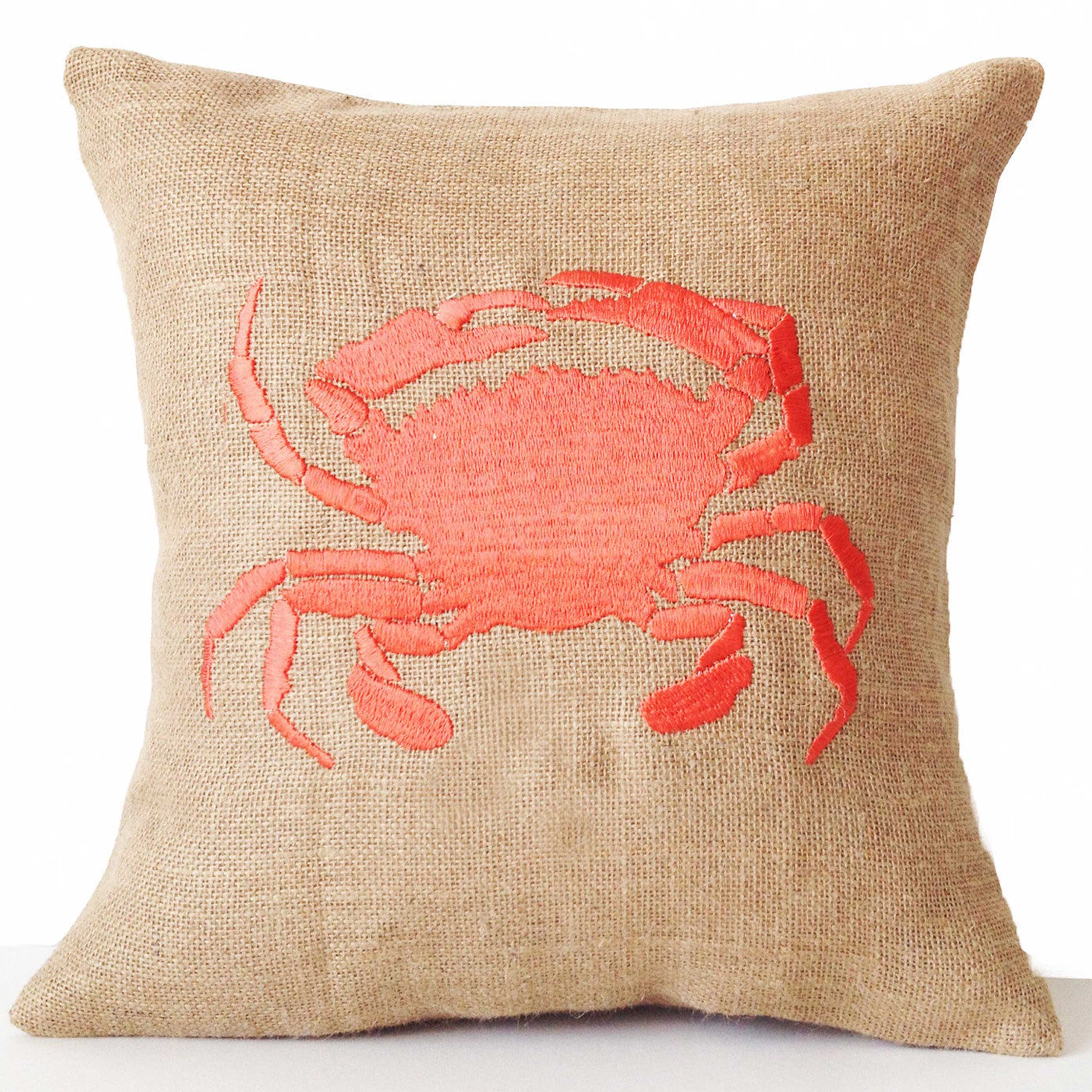 Sea pillow- Embroidered crab pillow cover -Burlap pillow -Coral throw pillow cushion -16x16 -Gift -Bedding -Coral cushion -Beach House Decor