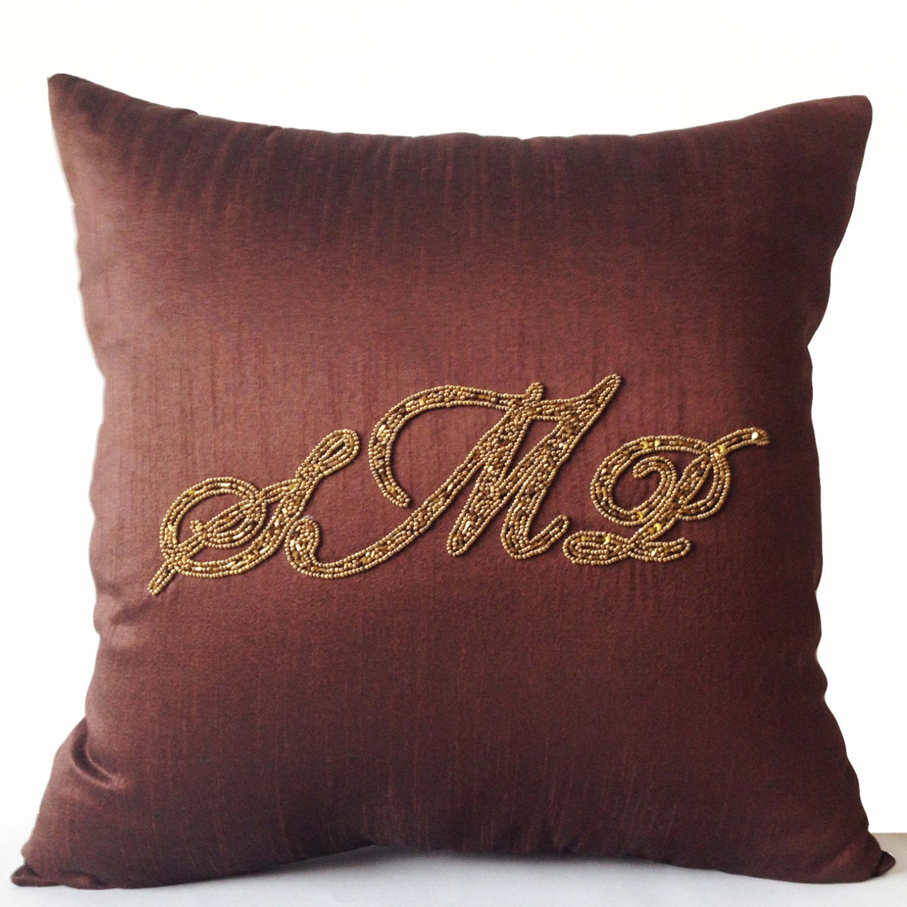 Throw pillow cover in brown with luxurious custom embroidery - Sequin Monogrammed Decorative pillows - 16X16 - Gift -Three Letter Pillowcase