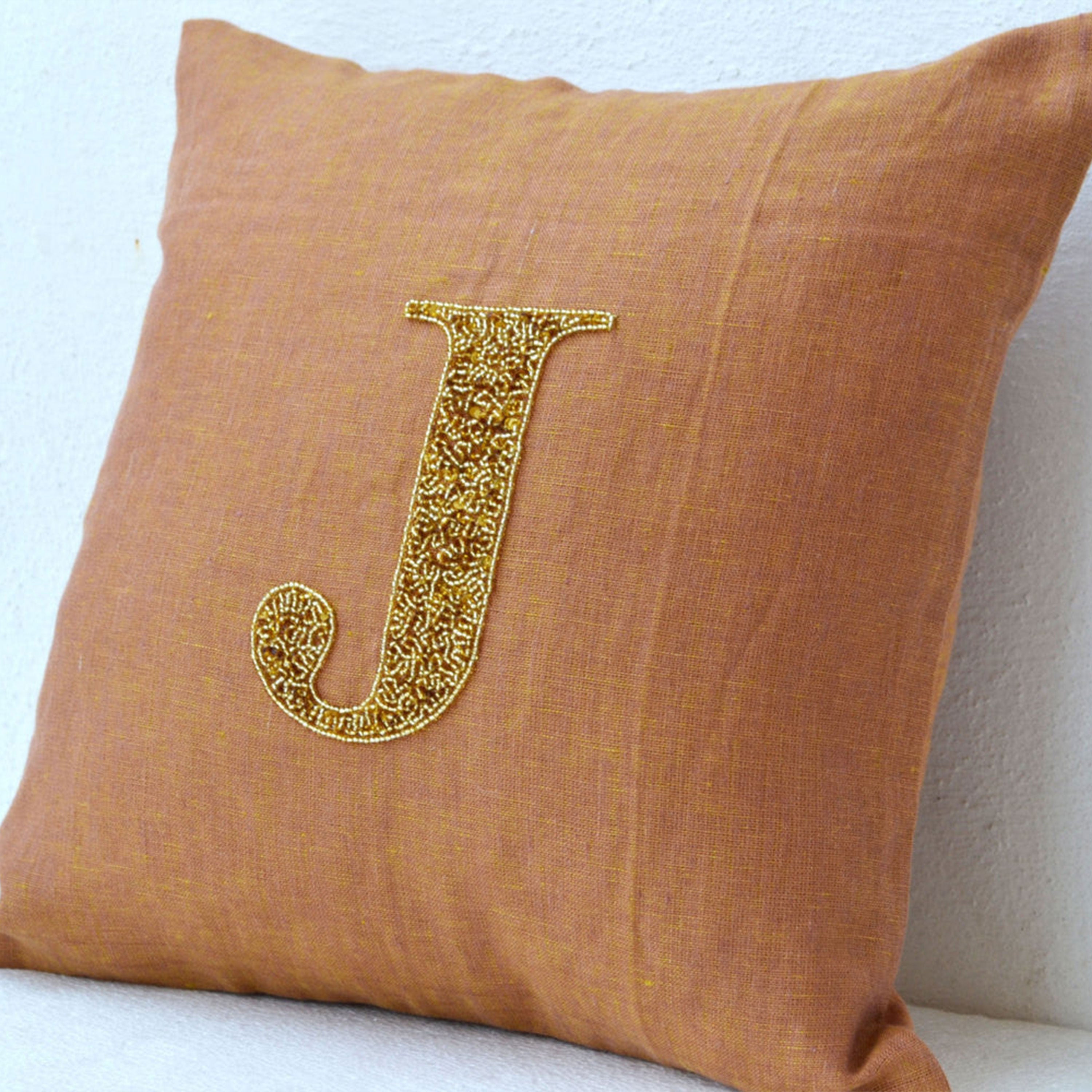 Monogram Pillow -  Gold sequin cushion - Linen pillow - 16X16 accent cushion - Decorative pillow -gift pillow