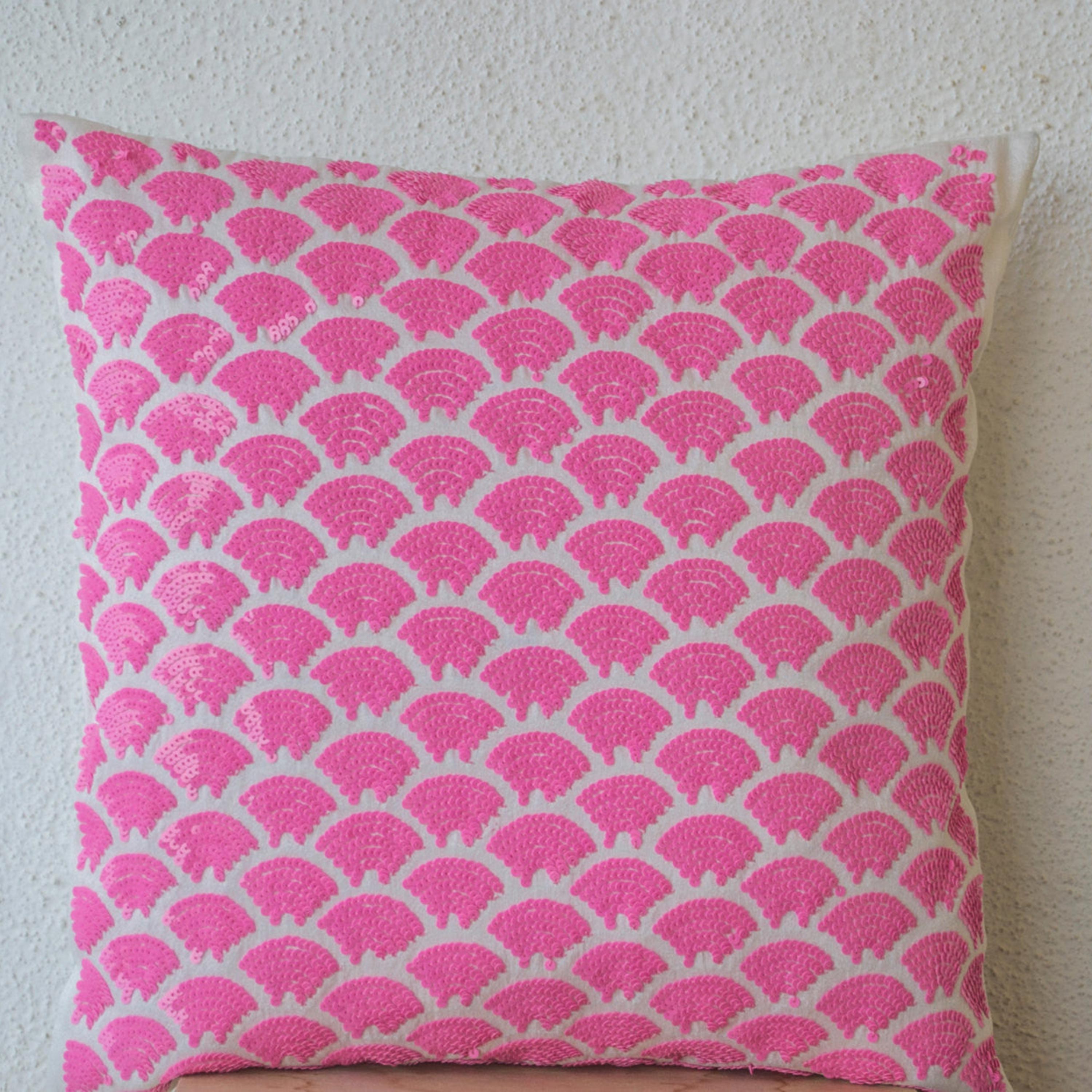 Pink sequin pillows with embroidered waves - Sashiko pillow covers - Pink Cushion cover zipper - Throw pillow - gift - 18x18 - Pink pillows