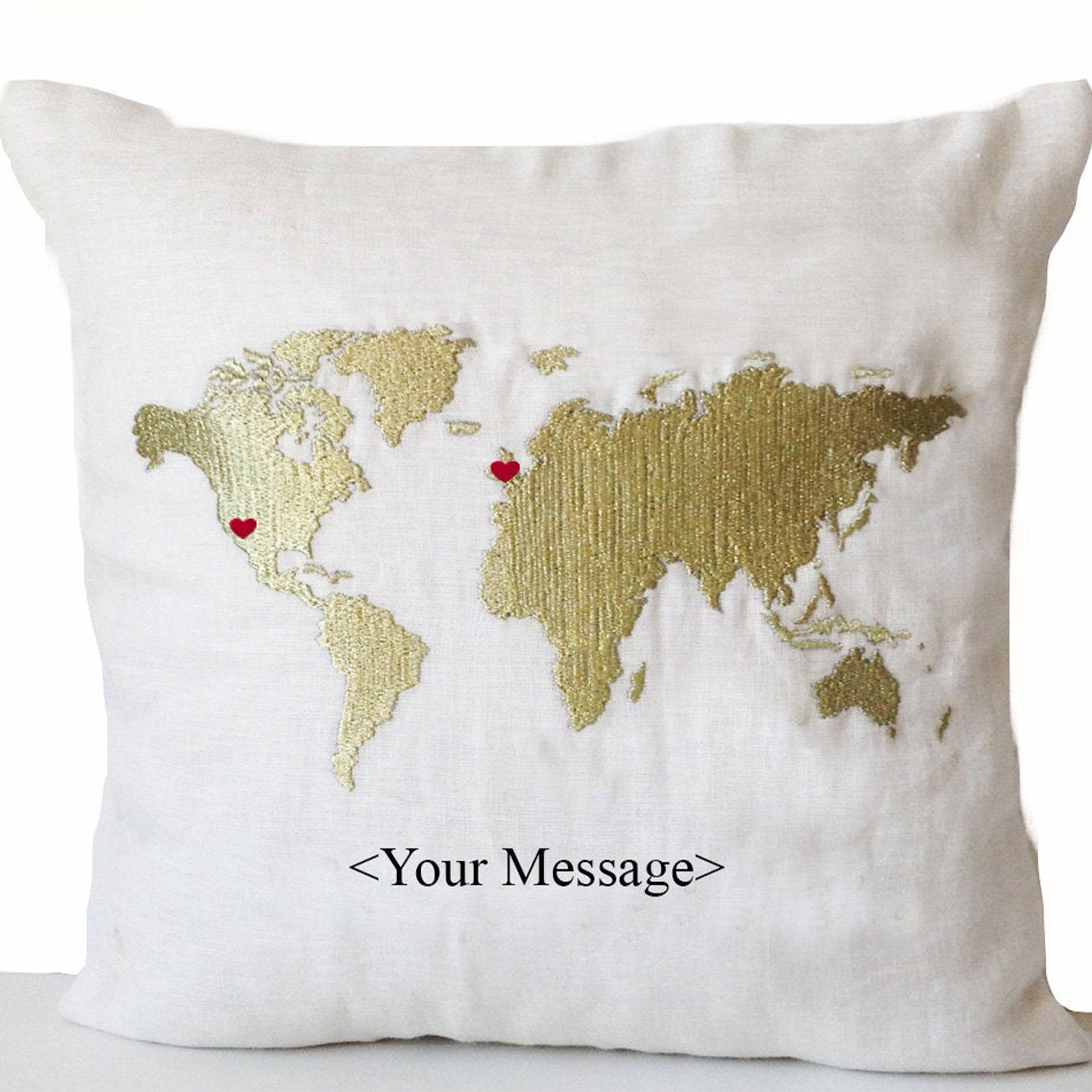 Long Distance Relationship Pillow, Gold World Map Heart,Decorative pillow,Throw pillow