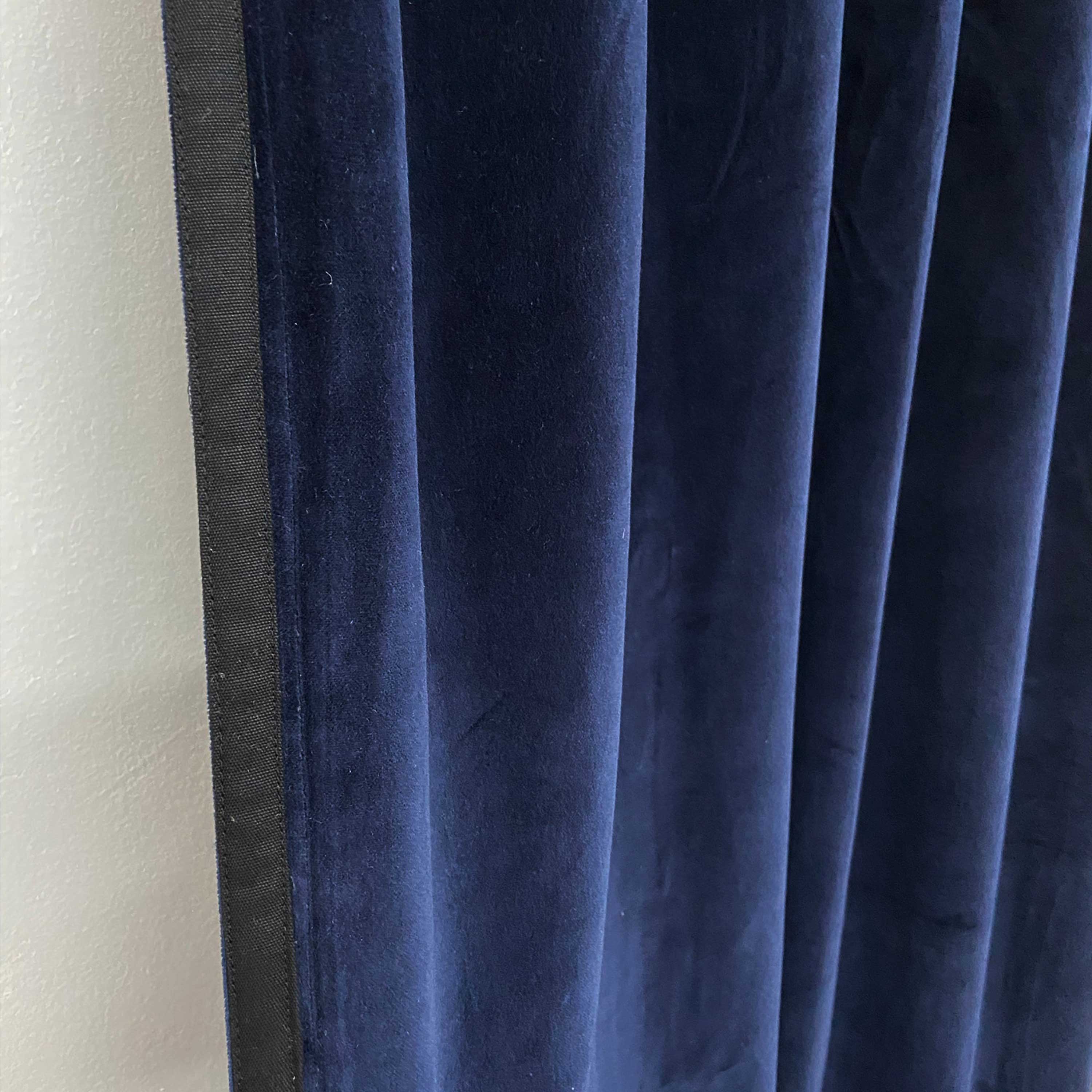 Navy Velvet Curtain With Black Trim and Leather Tabs