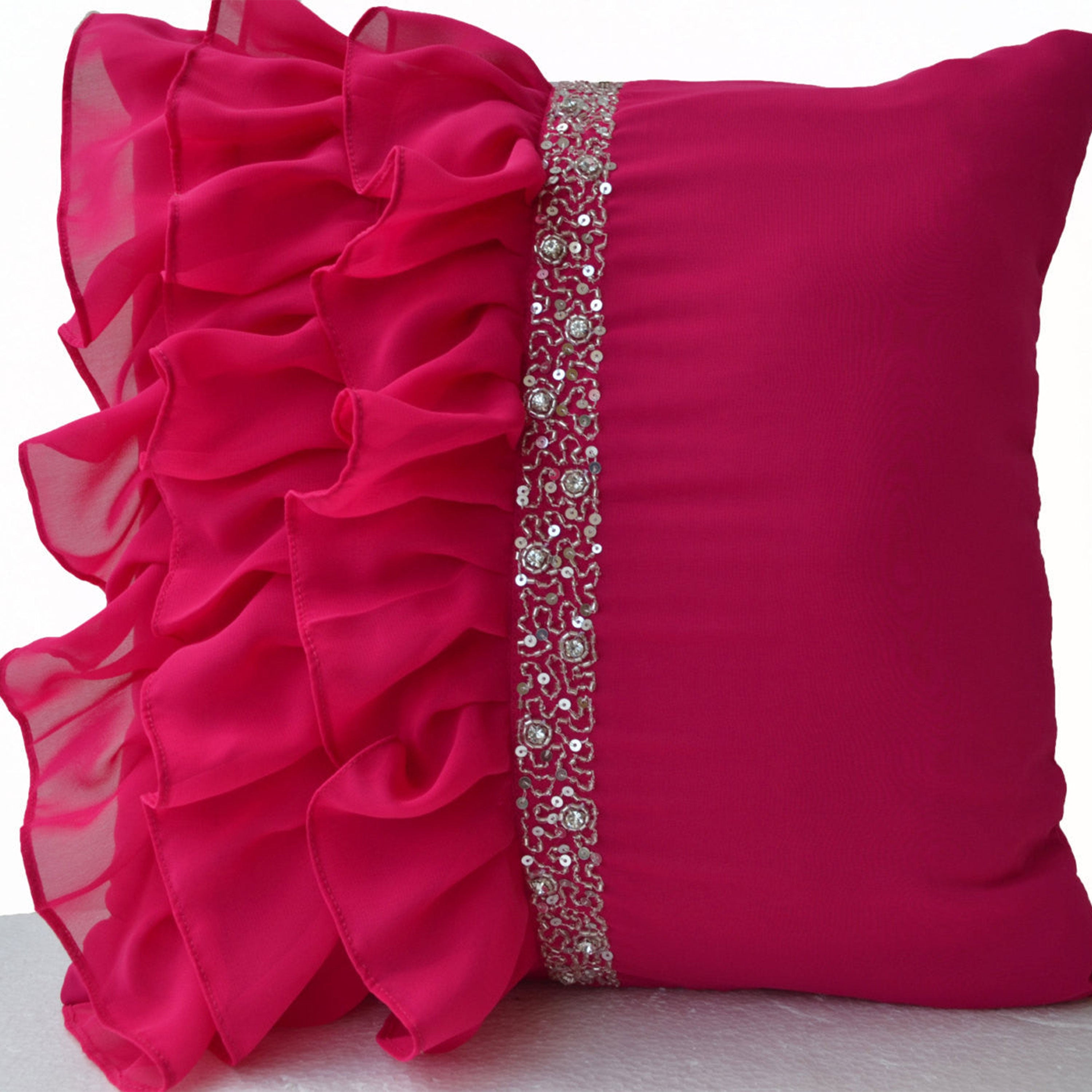 Cute Hot Pink Ruffled Sequin Throw Pillow Pop Of Deep Pink Cushion Cover Sparkling Pillow