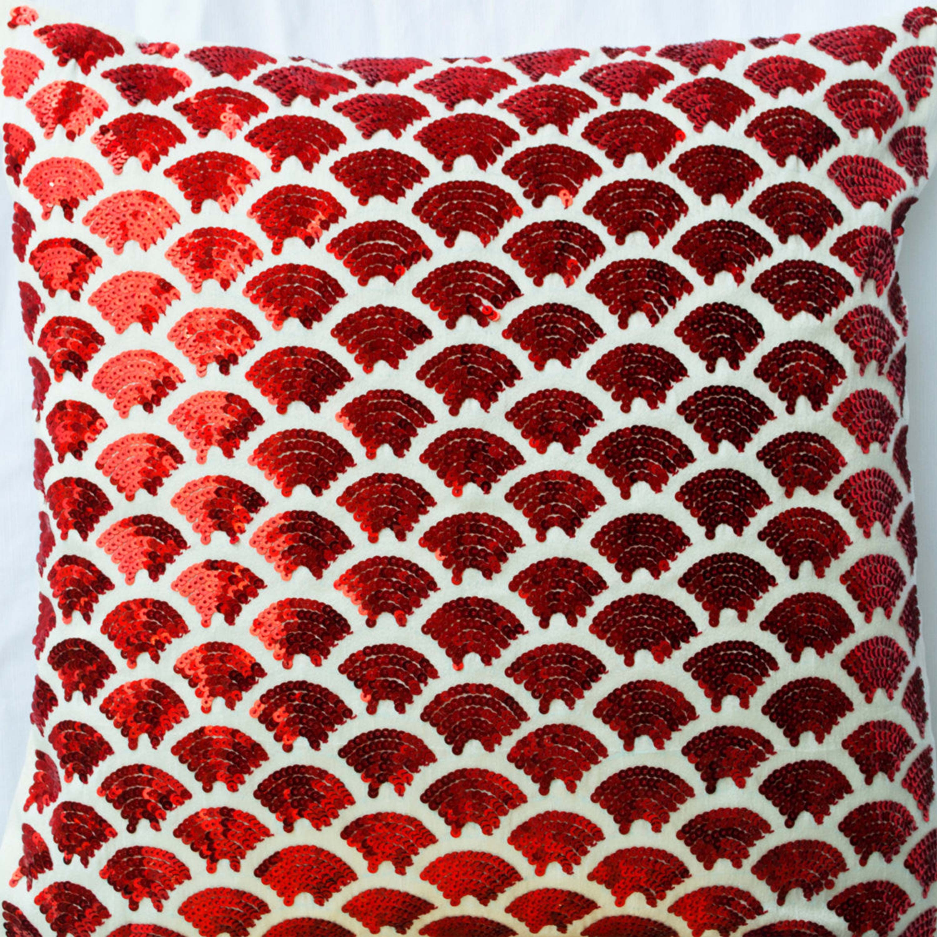 Red pillows with embroidered waves - Sashiko pillow - Red Cushion cover zipper -Throw pillow - gift pillow- 16x16 - Red sequin pillows