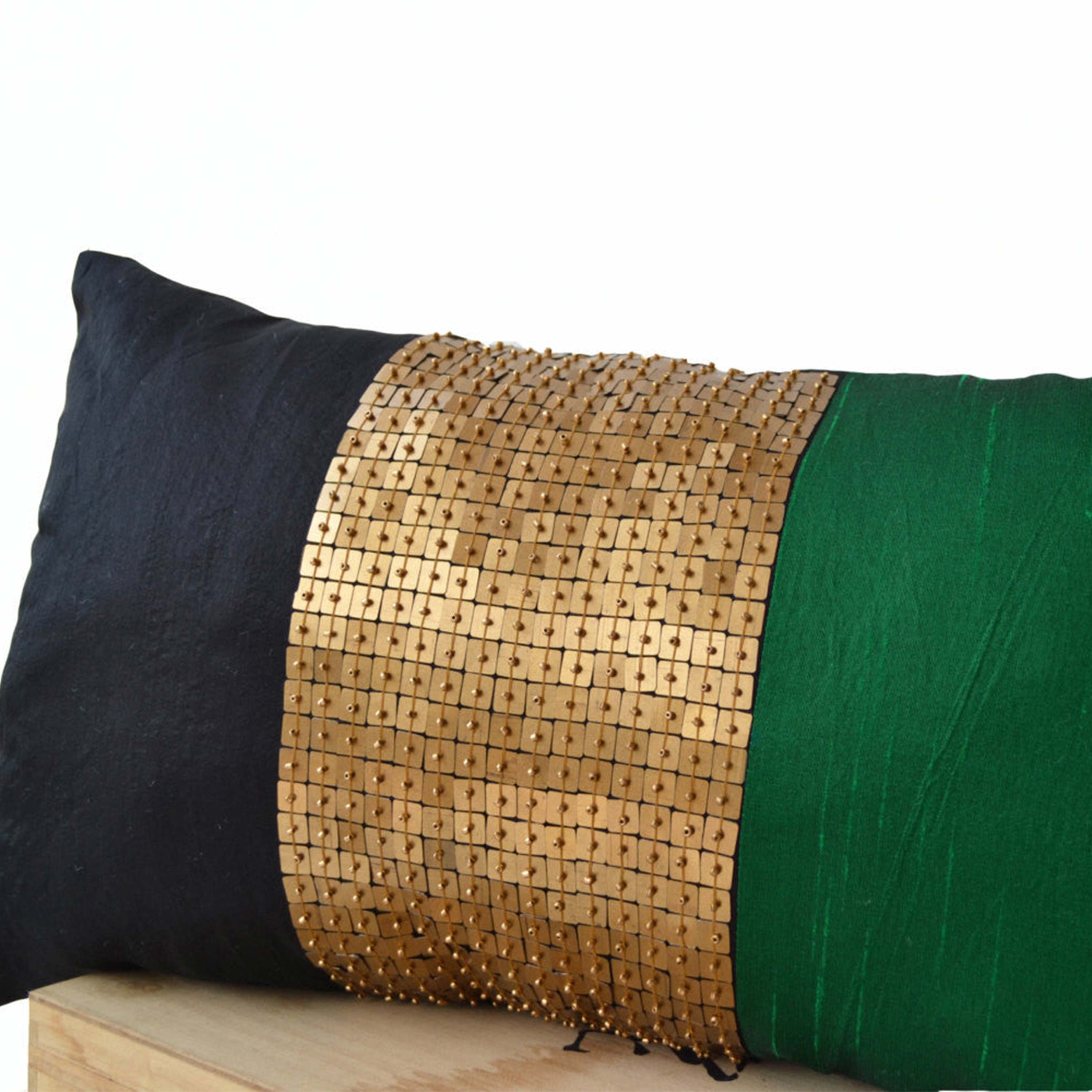 Throw Pillows - Emerald green, black, gold color block in silk sequin detail cushion -sequin pillow - 12x20 Color block lumbar pillow - gift