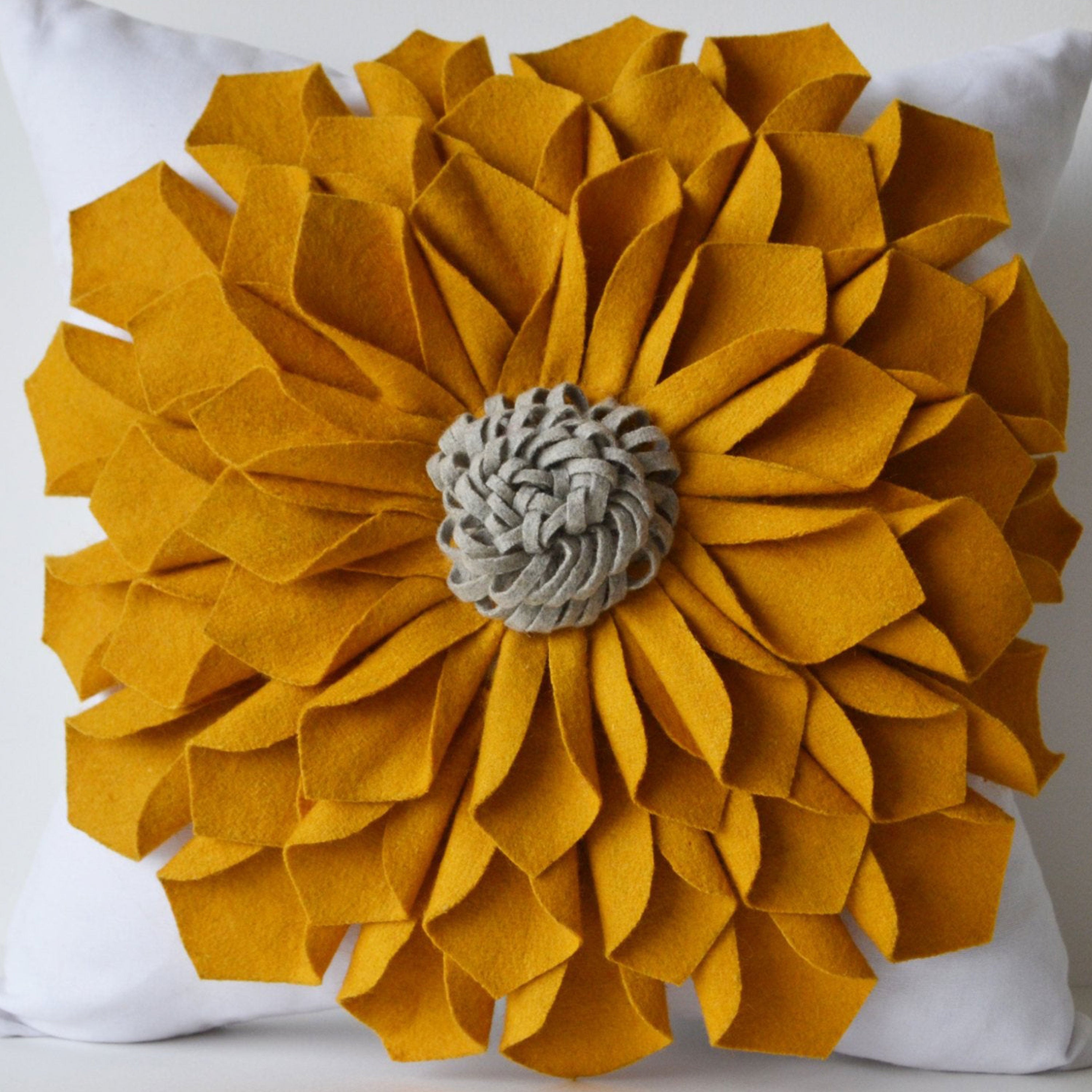 Dorm Pillow, Felt Flower Pillow Cover, Mustard Gray White Pillow Case