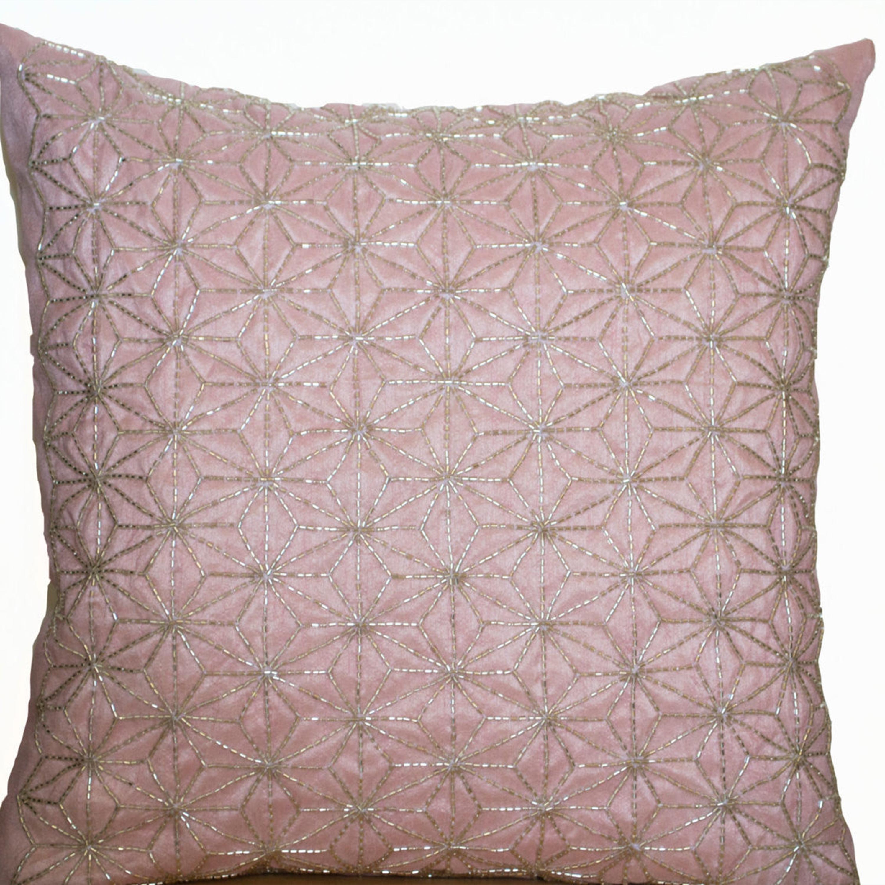 Pink throw pillow with silver embroidered hemp leaf - Sashiko pillow -16x16 - Cushion cover - Geometric Throw  pillow -Pink silver pillow