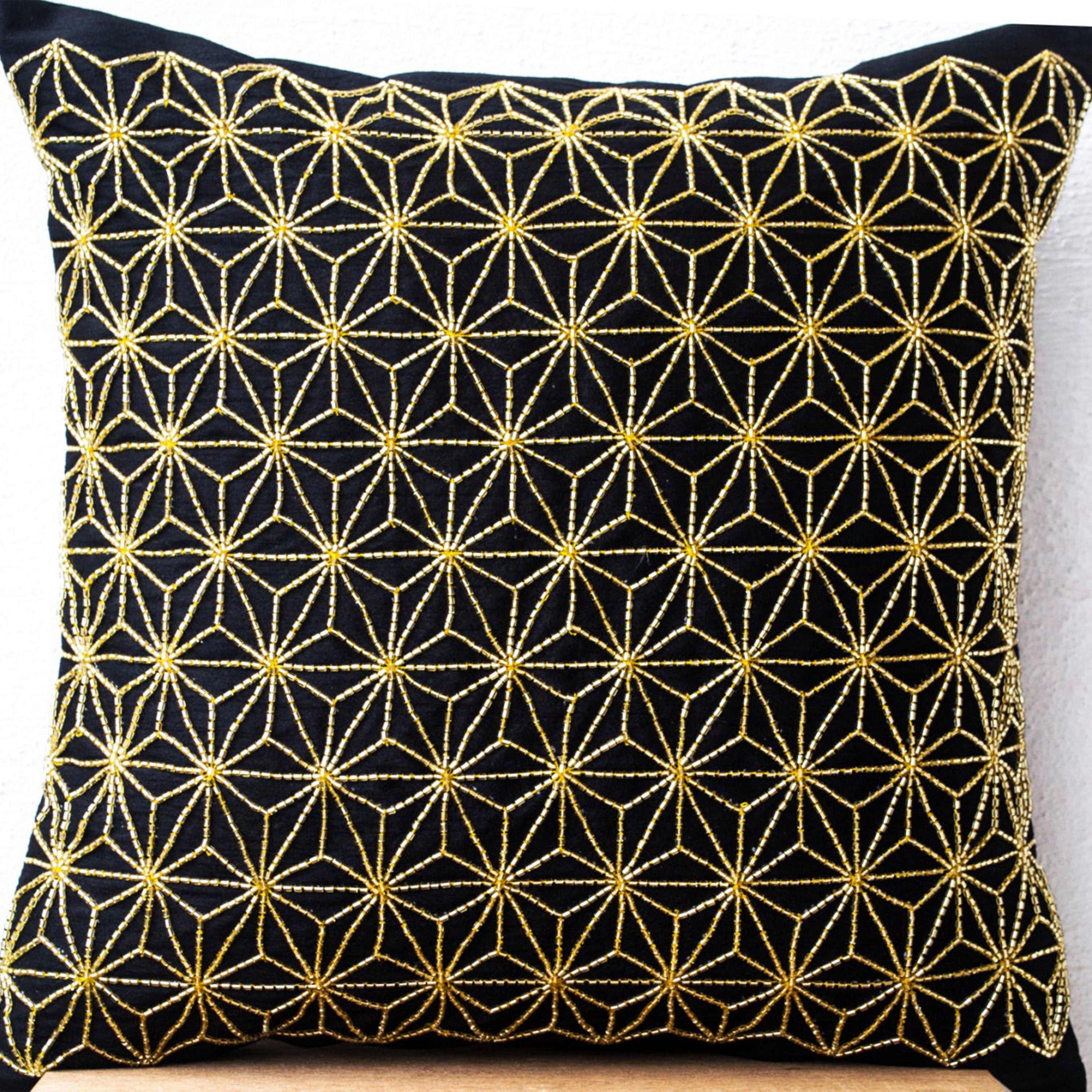 Gold Hemp Leaf Embroidery Sashiko Pillow Case On Black Faux Silk Designer Cushion