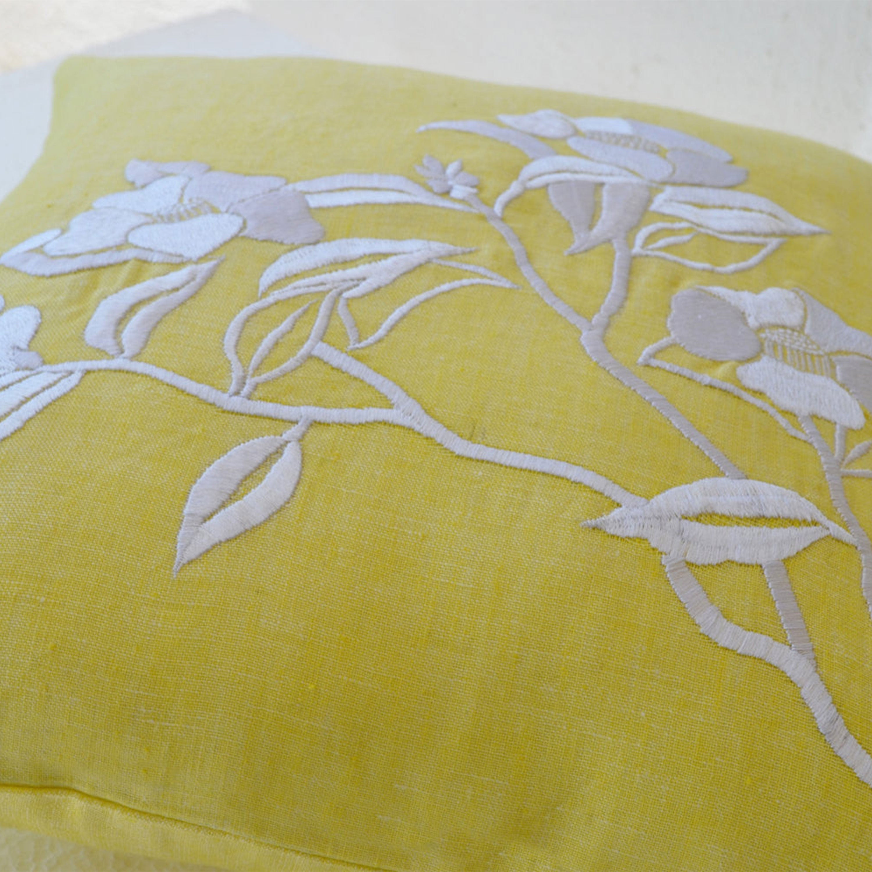 Flower Pillow- Yellow Pillow Cover -Camellia Flowers Embroidered Pillow- Linen Pillow Covers- Modern Throw pillows- 16x16- Tea Flower Pillow