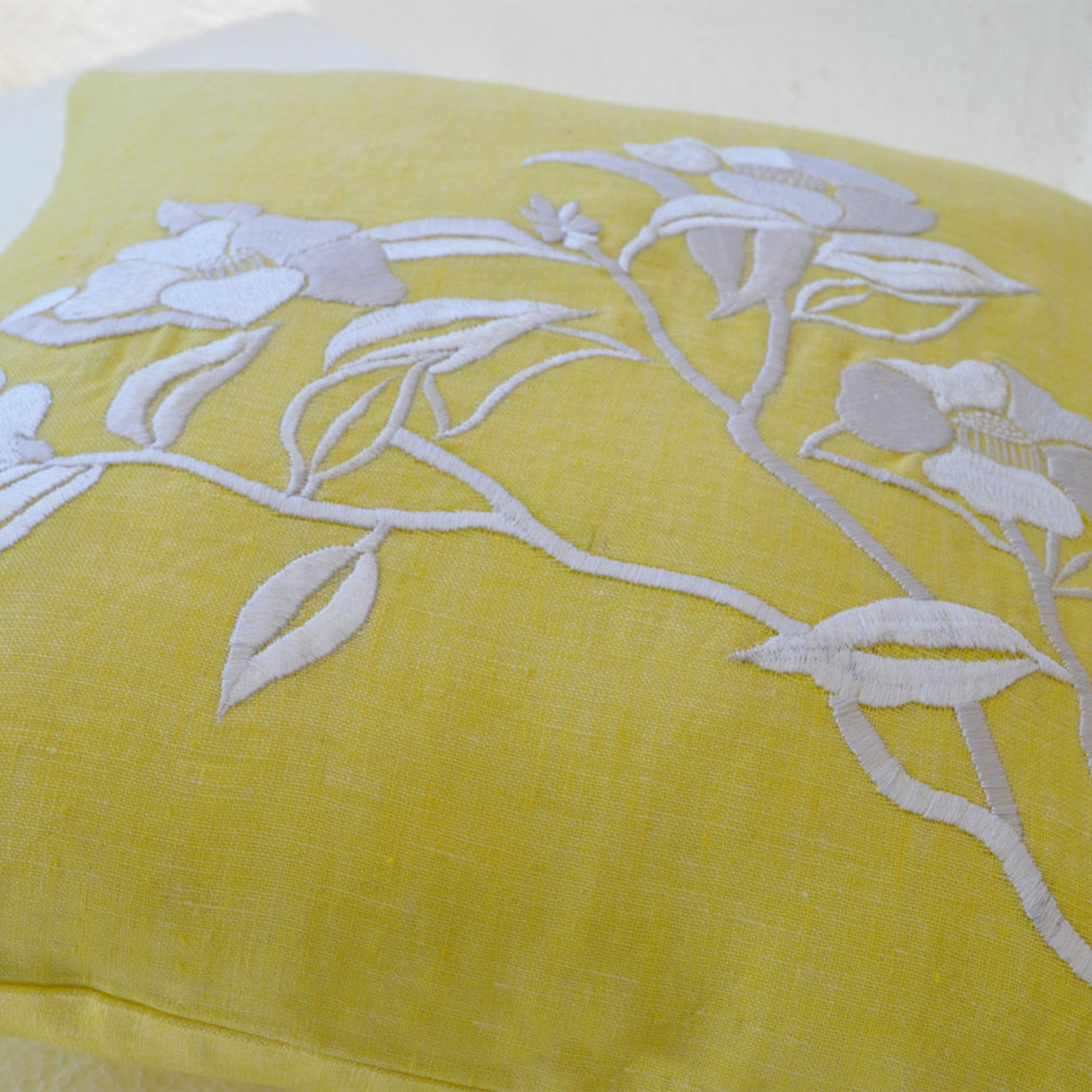 Flower Pillow- Yellow Pillow Cover -Iris Flowers Embroidered Pillow- Linen Pillow Covers- Modern Throw pillows- 16x16- Yellow White Pillows