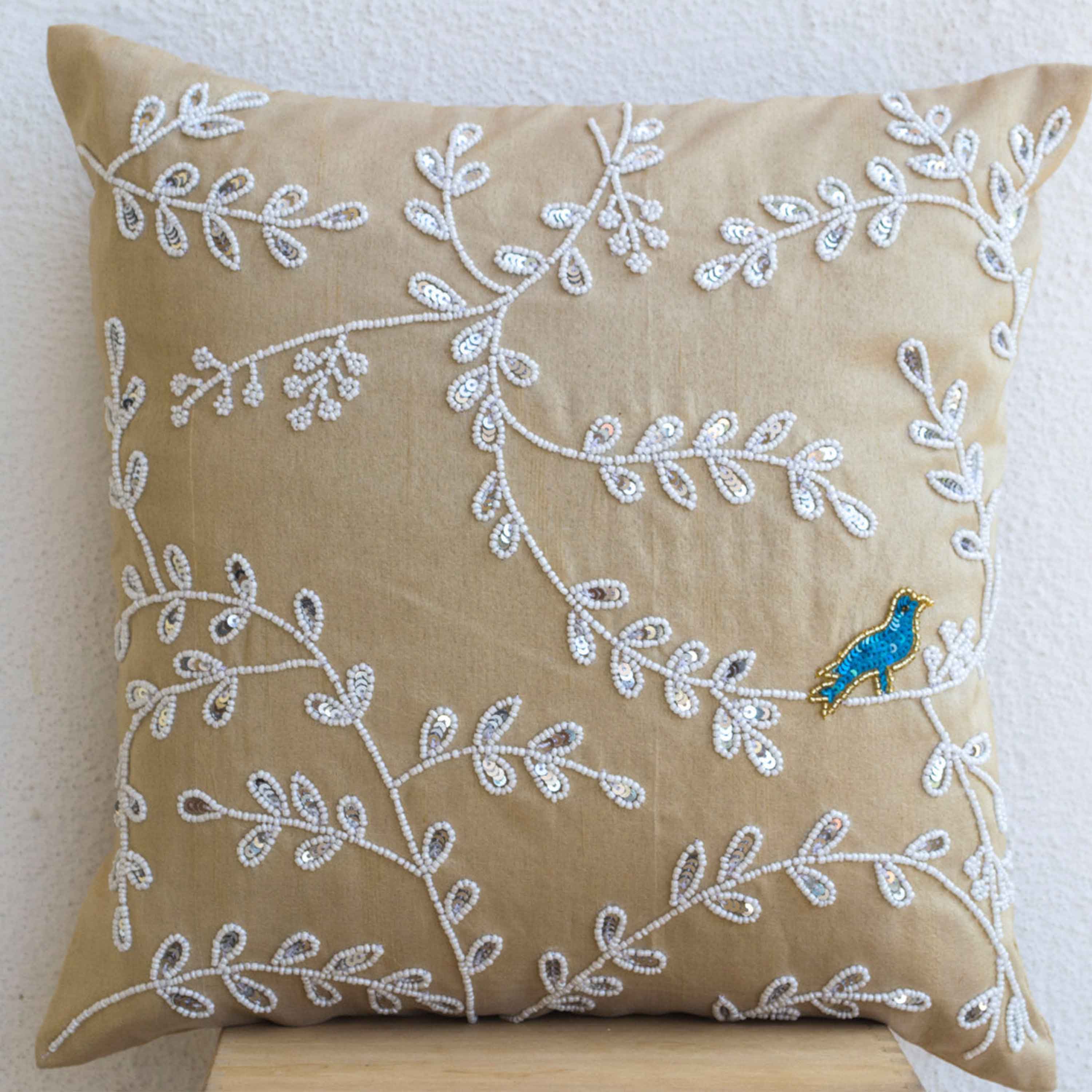 Solitary Bird Midst Silver Leaves Pillow