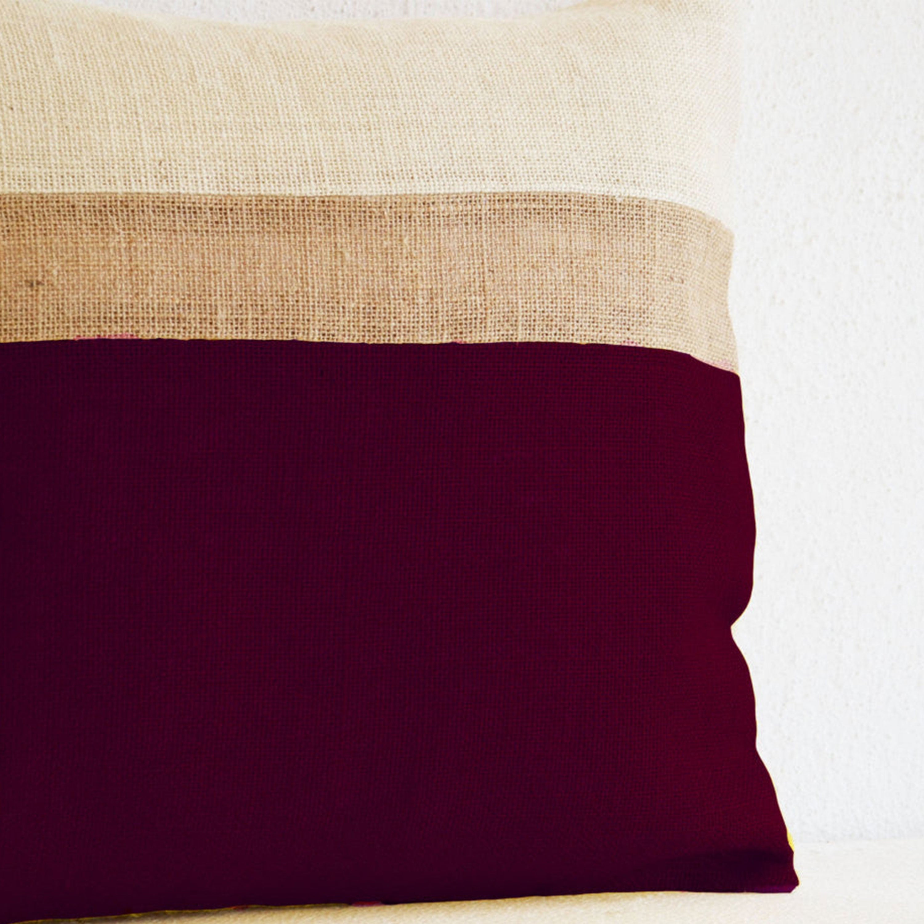 Burgundy Color Block Burlap Pillow Cover