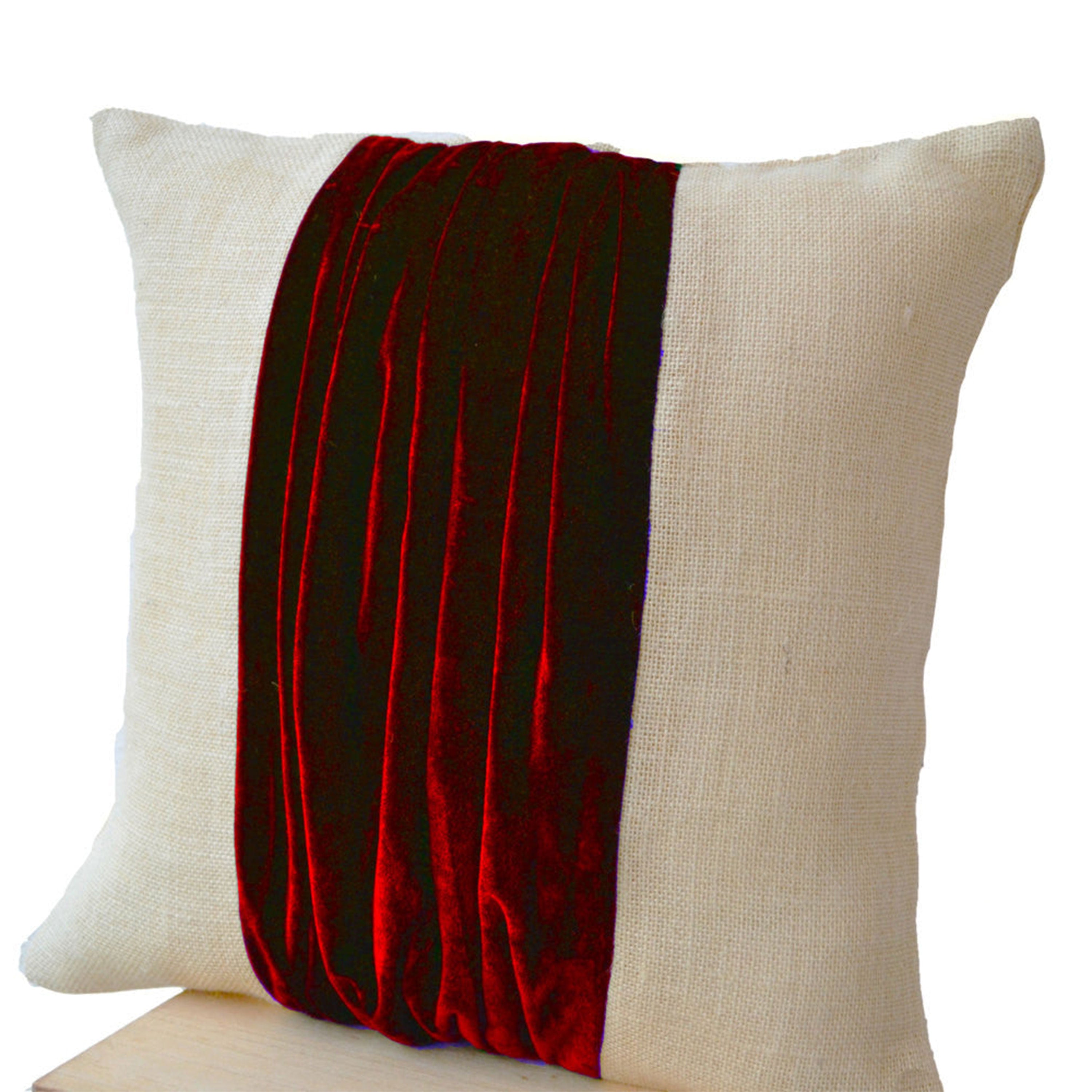 Burlap Decorative Throw Pillow Cover Luxe Red Velvet Color Block For Modern Cottage Decor