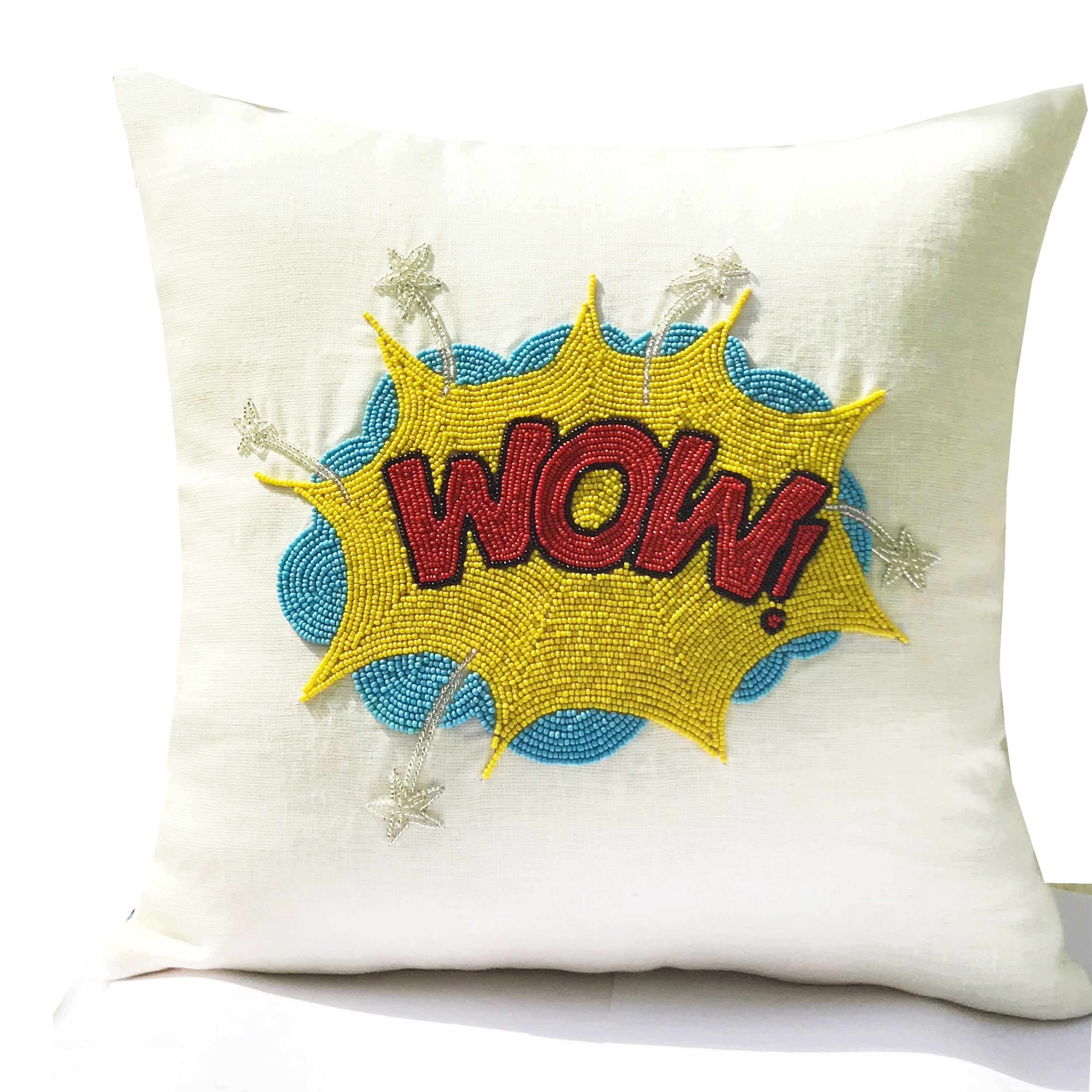 Pop Art Pillow Cover, WOW Linen Pillow, Pop Art Comic Book Action Words