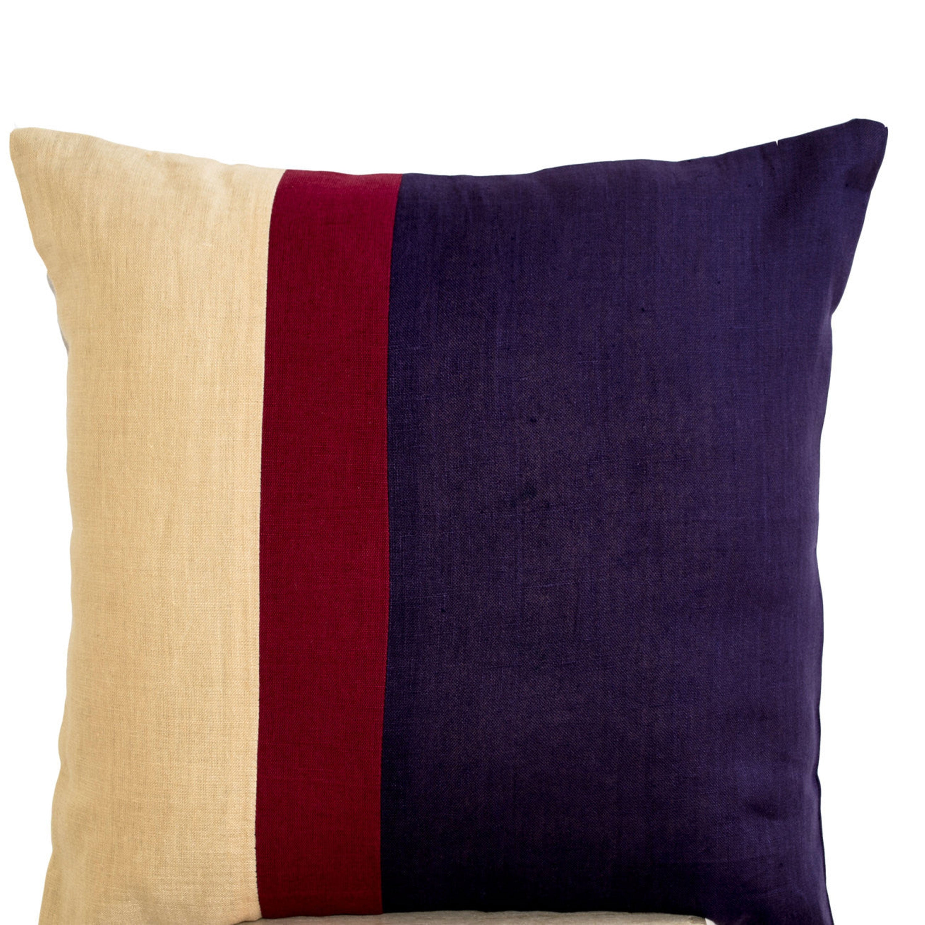 Linen Pillow in purple, red and beige color block -Linen Throw Pillows -Couch Pillows - Decorative pillow- Linen Purple pillow - gift- 16X16