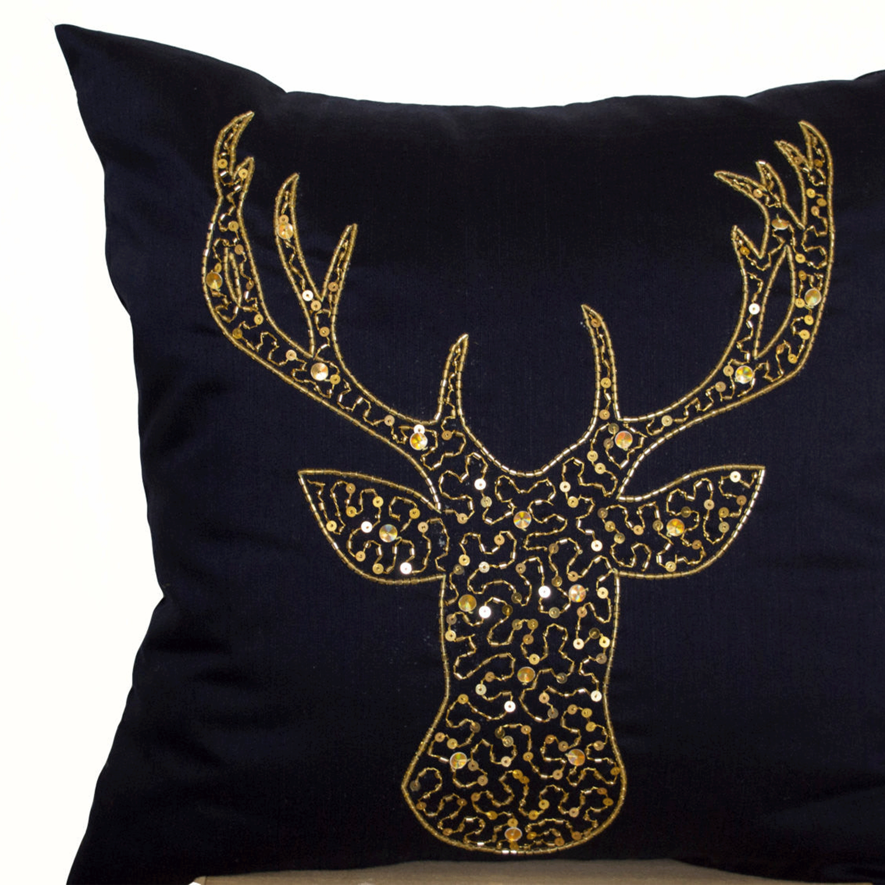 Navy Faux Silk Gold Antler Pillow Cover