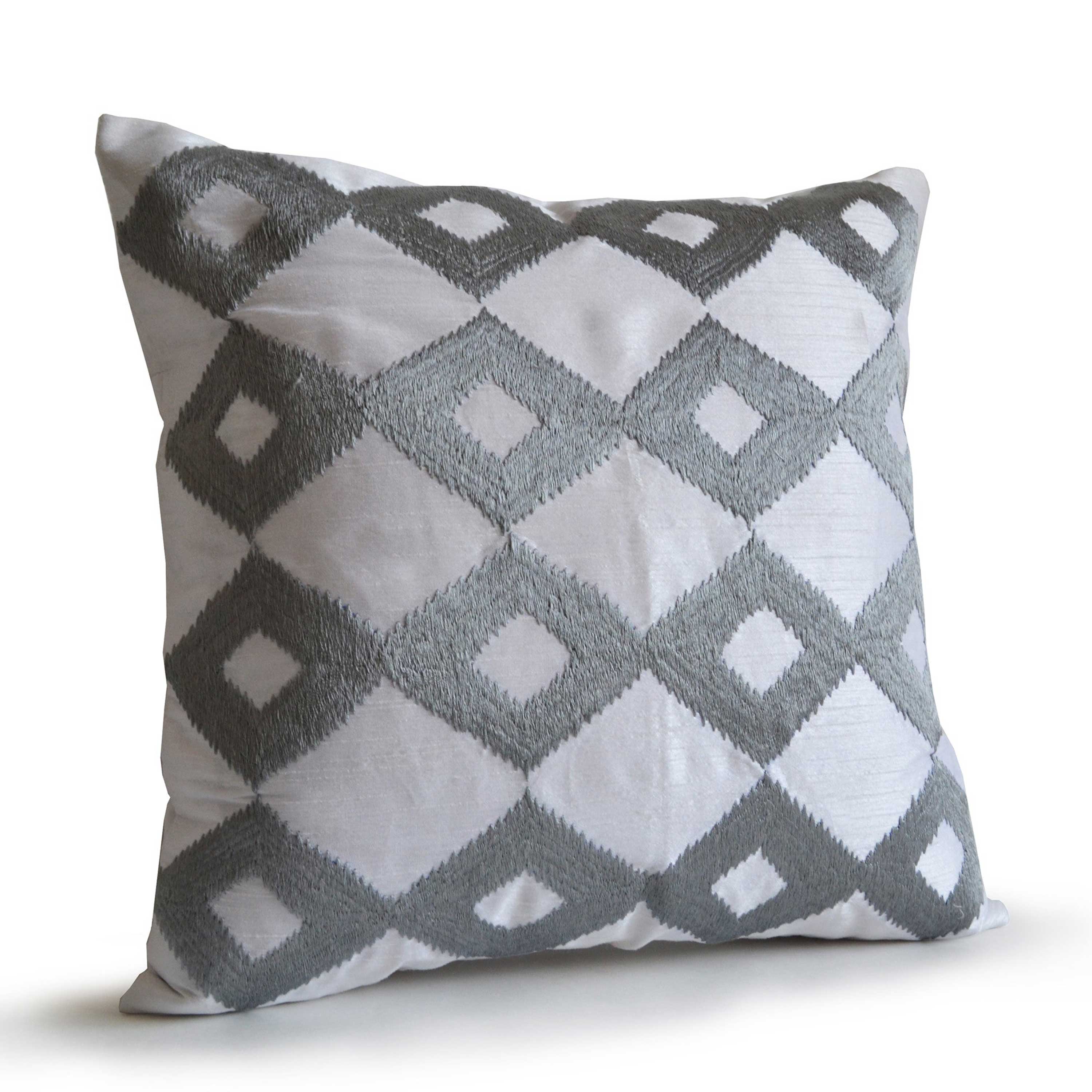 Silver Throw Pillows In White Silk With Ikat Embroidery