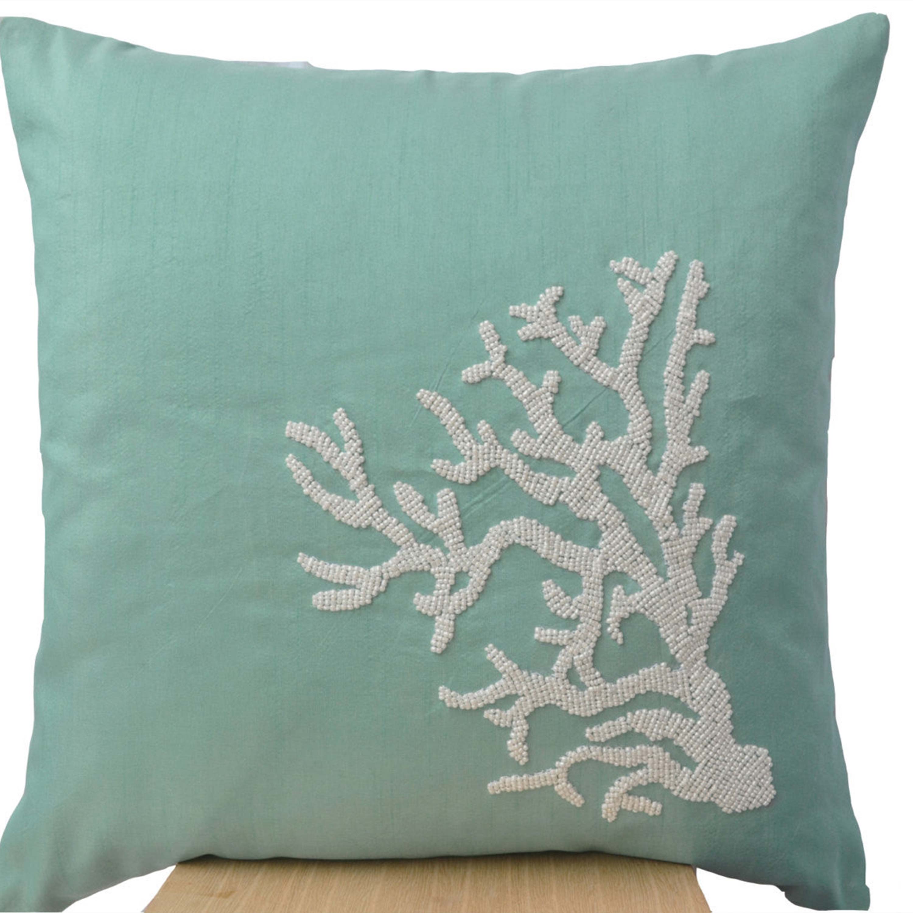 Teal Decorative pillow with white coral in beads -Oceanic pillows -Teal cushion -Embroidered Pillow- 16X16-Couch pillows -Coral reef pillow