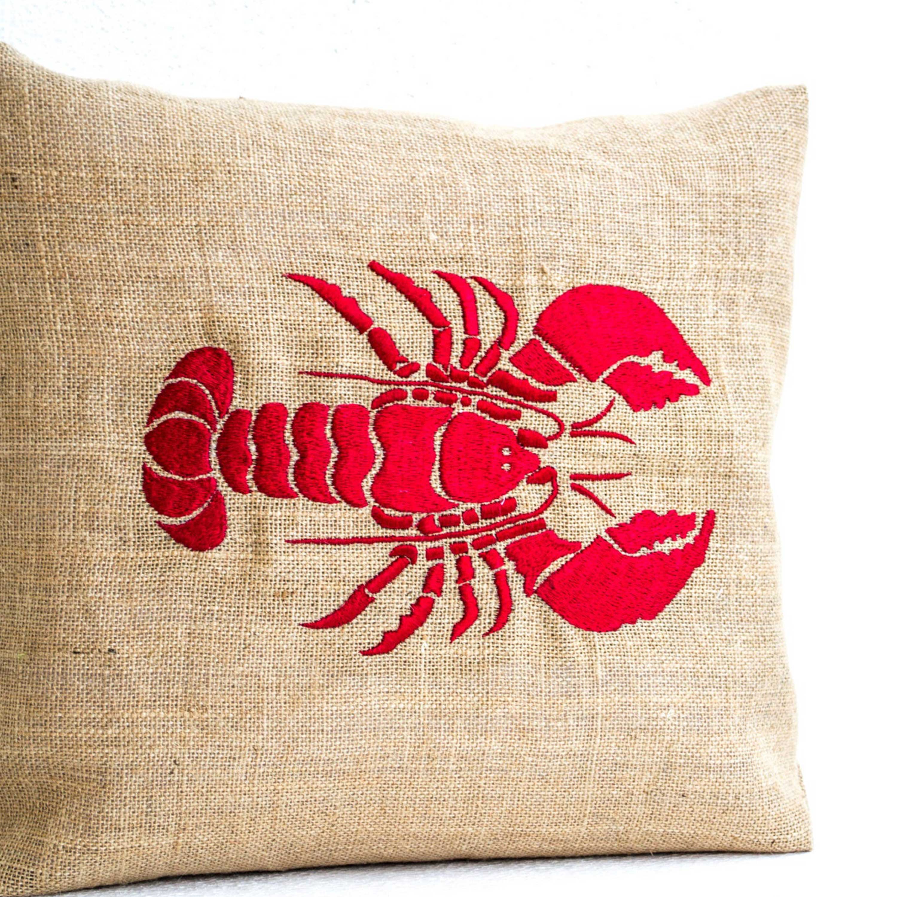 Sea pillow Embroidered lobster pillow Burlap pillow Red lobster throw pillow cushion Gift Bedding Red cushion Oceanic pillow