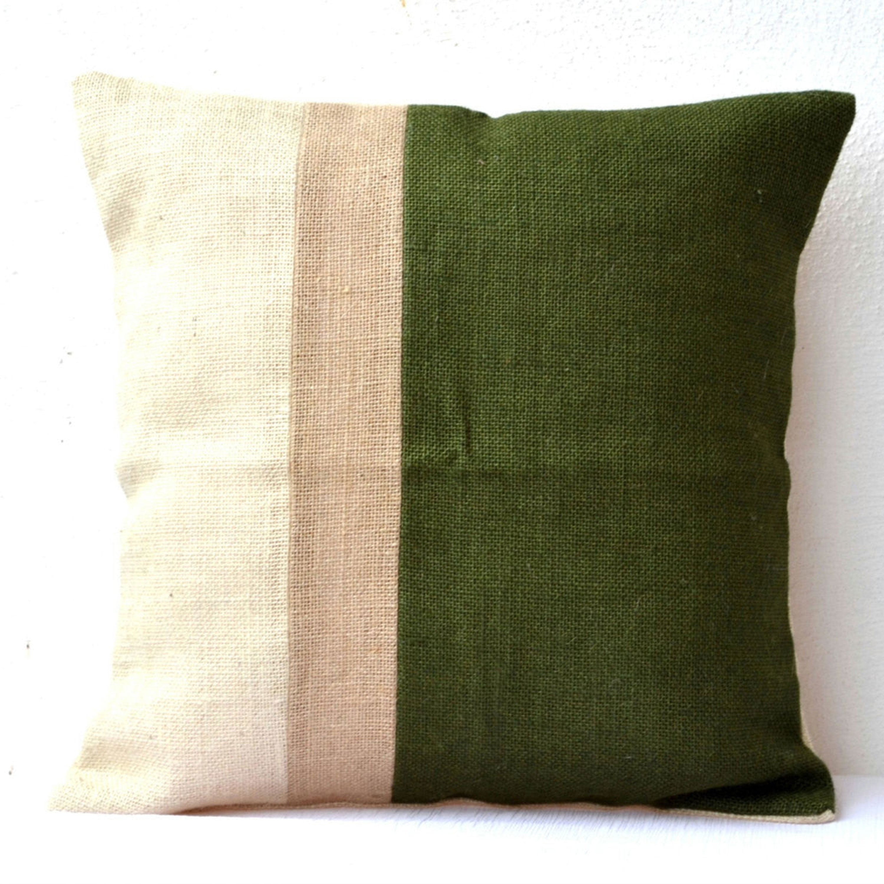 Green Pillow - Burlap Pillow color block - Green Decorative cushion covers - Throw pillows - gift 18X18 - Green Euro Sham - Couch pillow