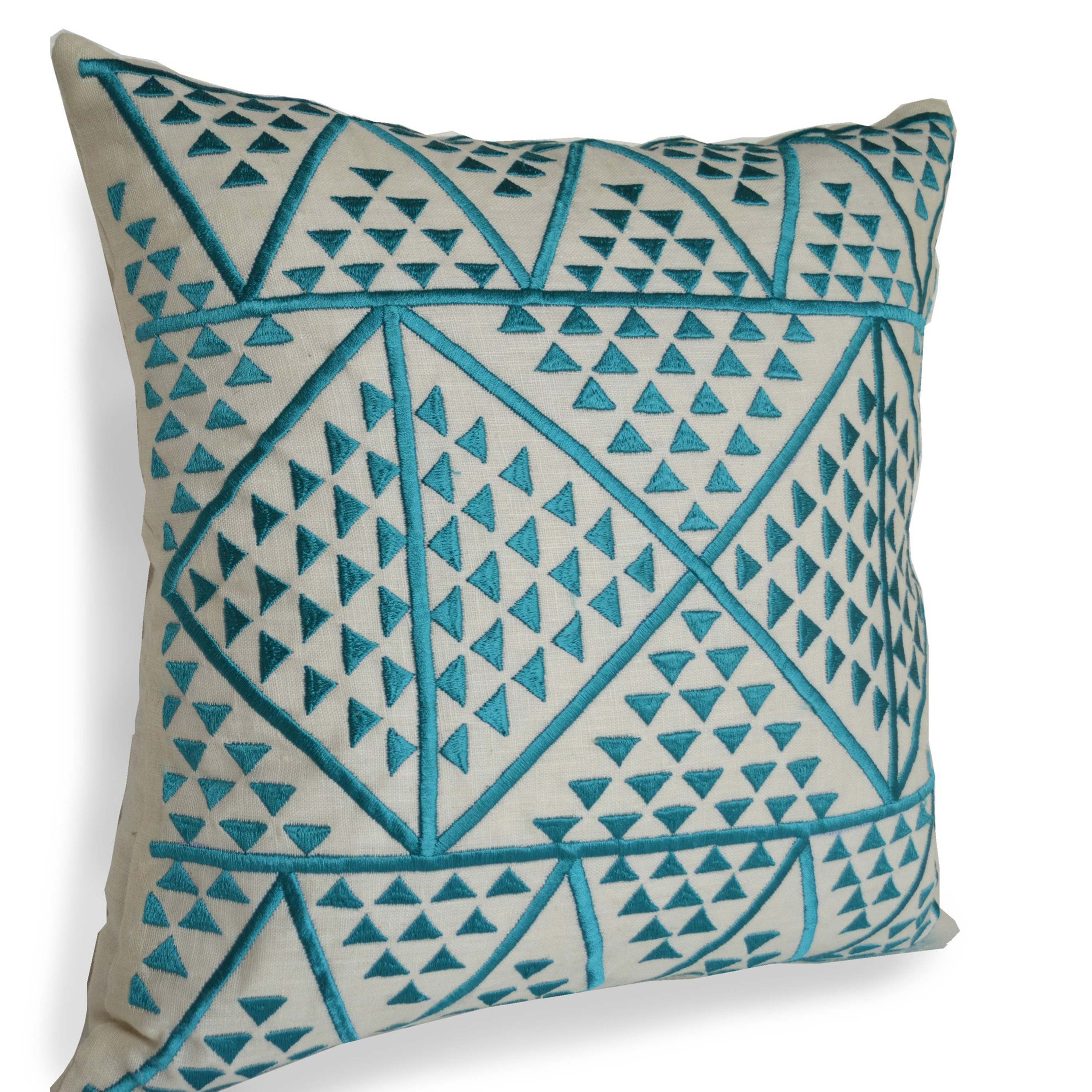 Teal Aztec Embroidery on Linen Pillow