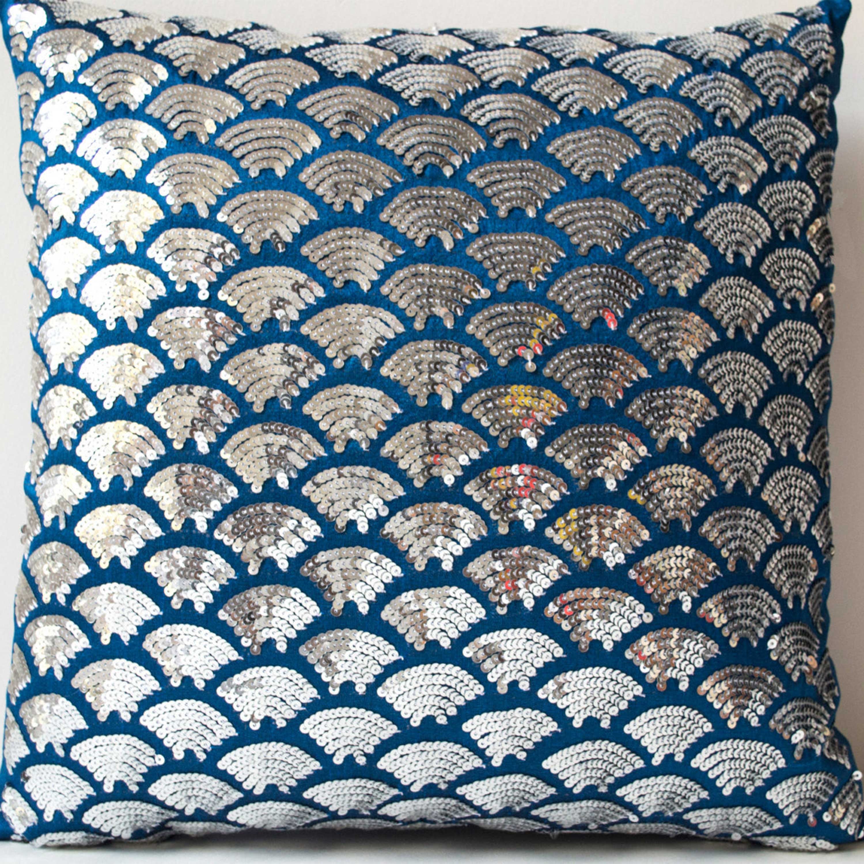 Silver Sequin Scallops On Blue Pillow Cover