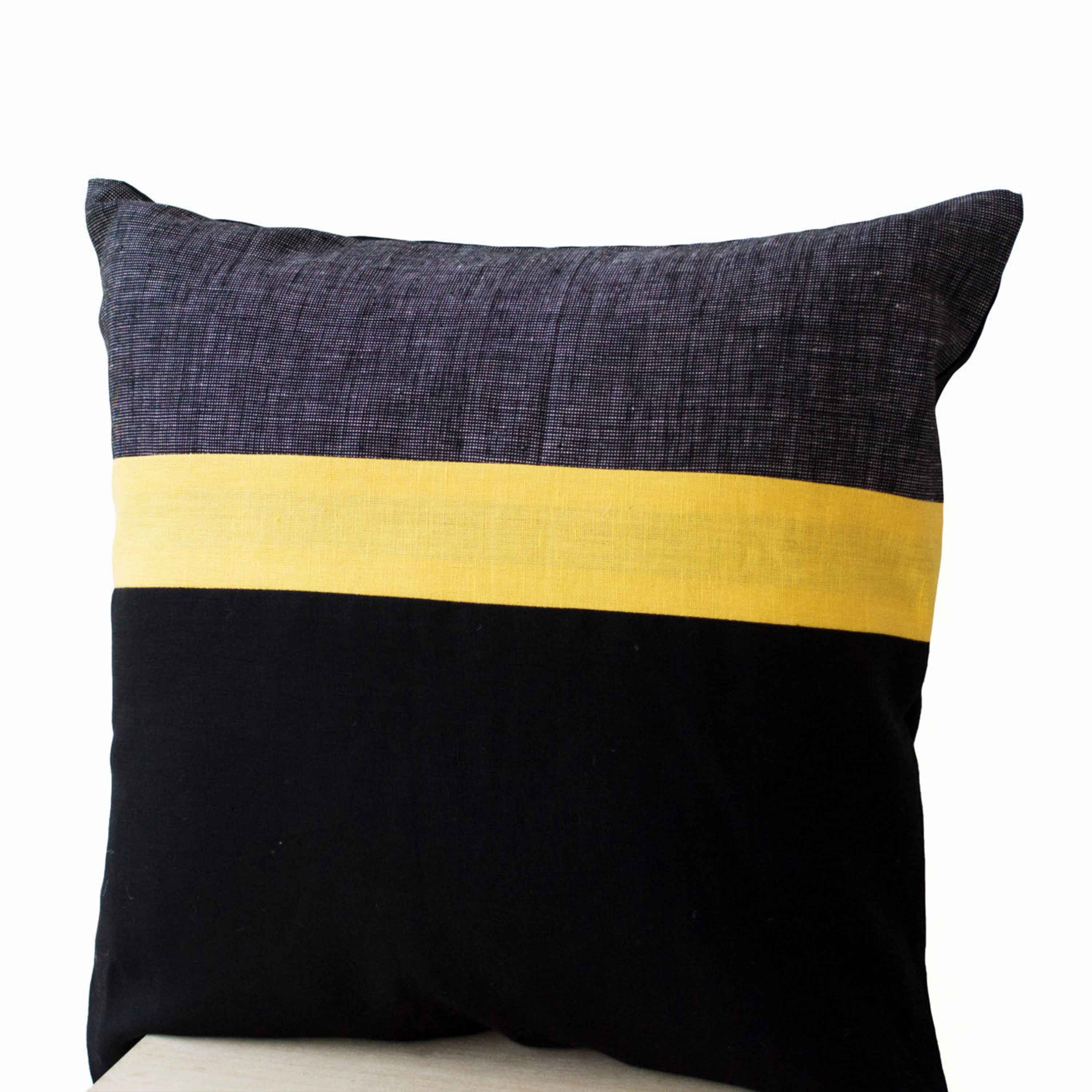 Premium Geometric Accent Linen Pillows Cover With Bold Stripes In Black, Grey And Yellow