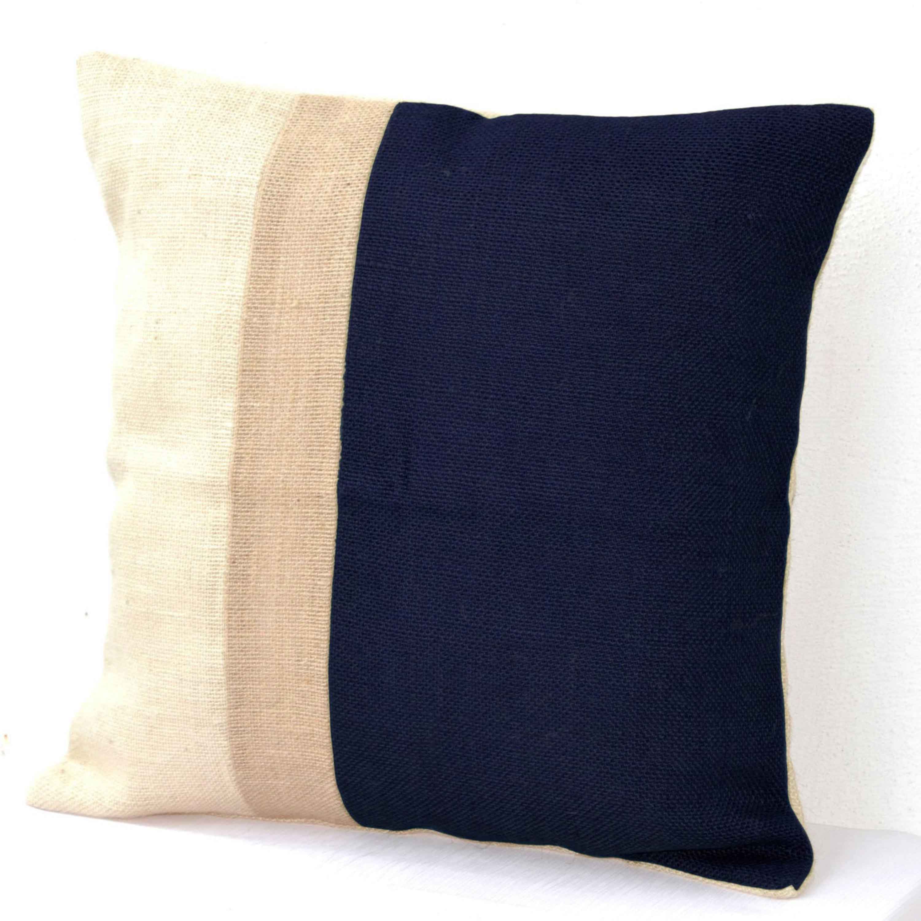 Stripes In Navy Blue Beige Ivory On Burlap Decorative Euro Sham And Other Sizes