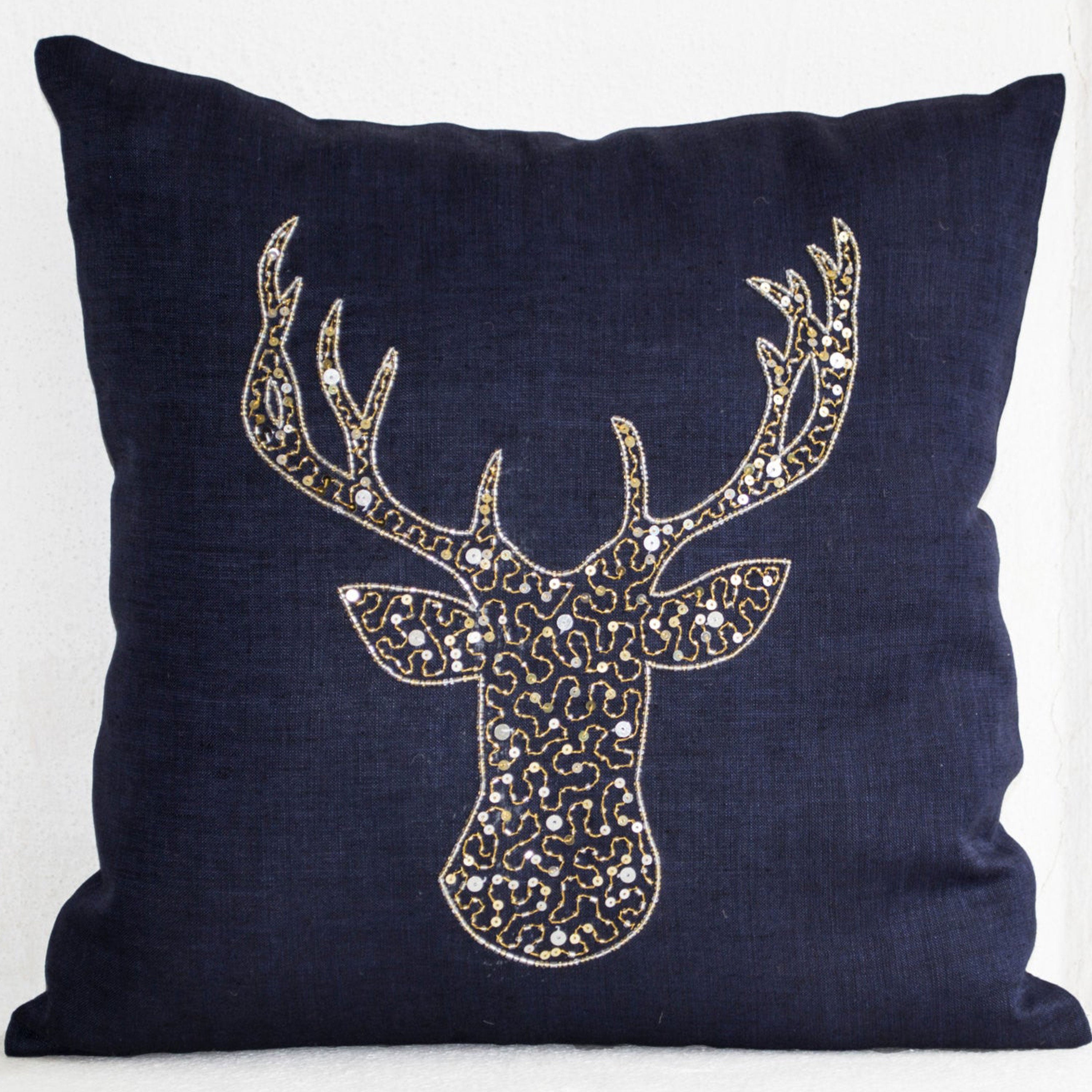 Deer Pillow with Gold Silver Sequins in Linen