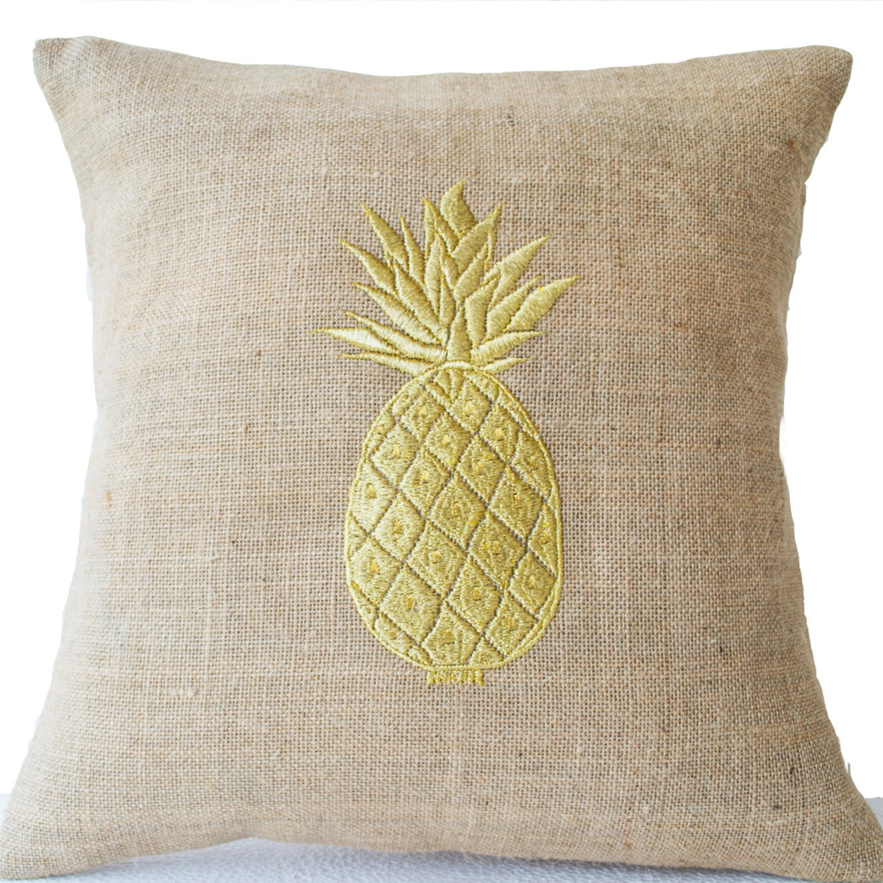 Gold Pineapple Embroidered Burlap Pillow Covers Modern Decor Chair Pillow