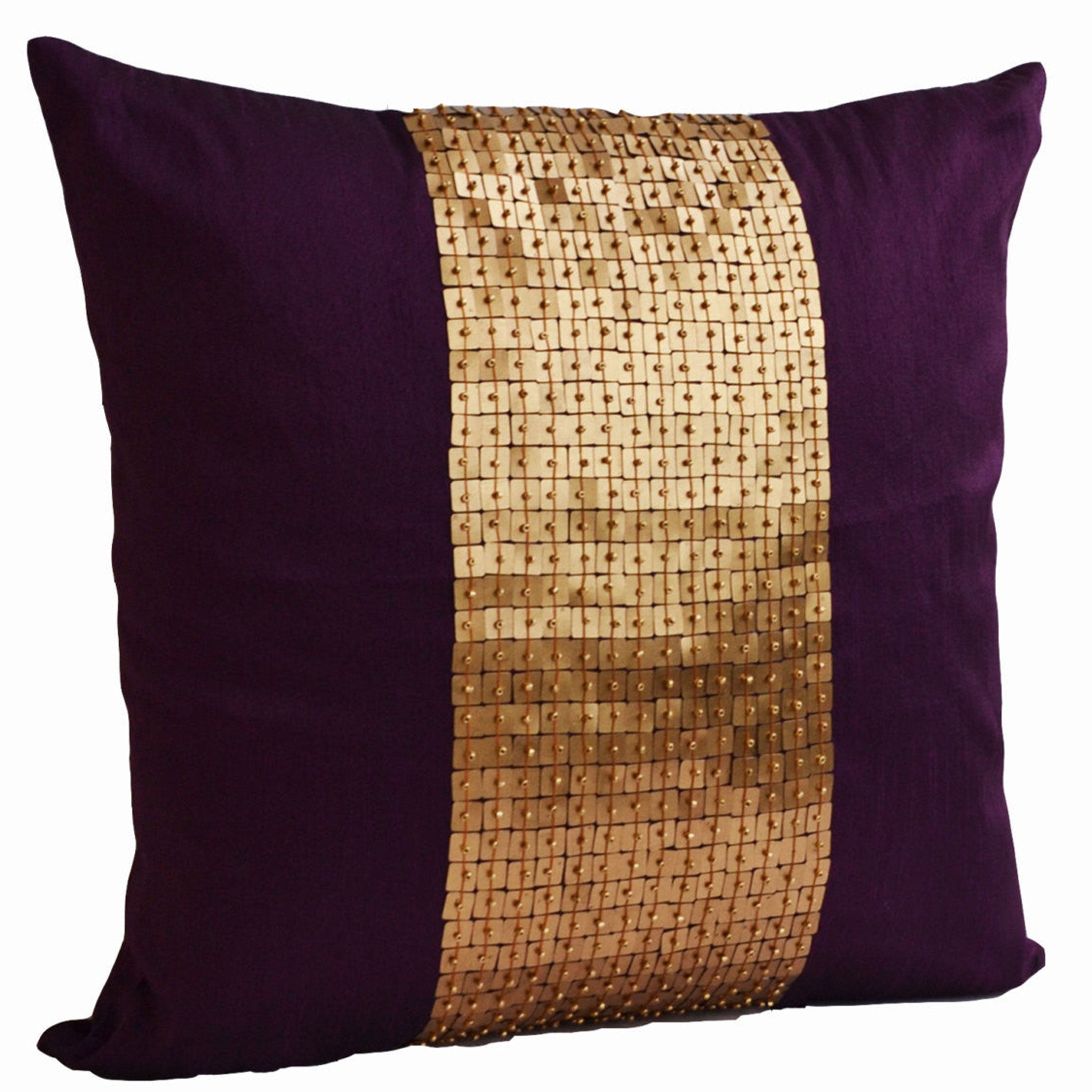 Decorative Throw Pillows -Purple gold color block in silk sequin bead detail cushion -sequin bead pillow - 18X18 Purple pillow - gift pillow