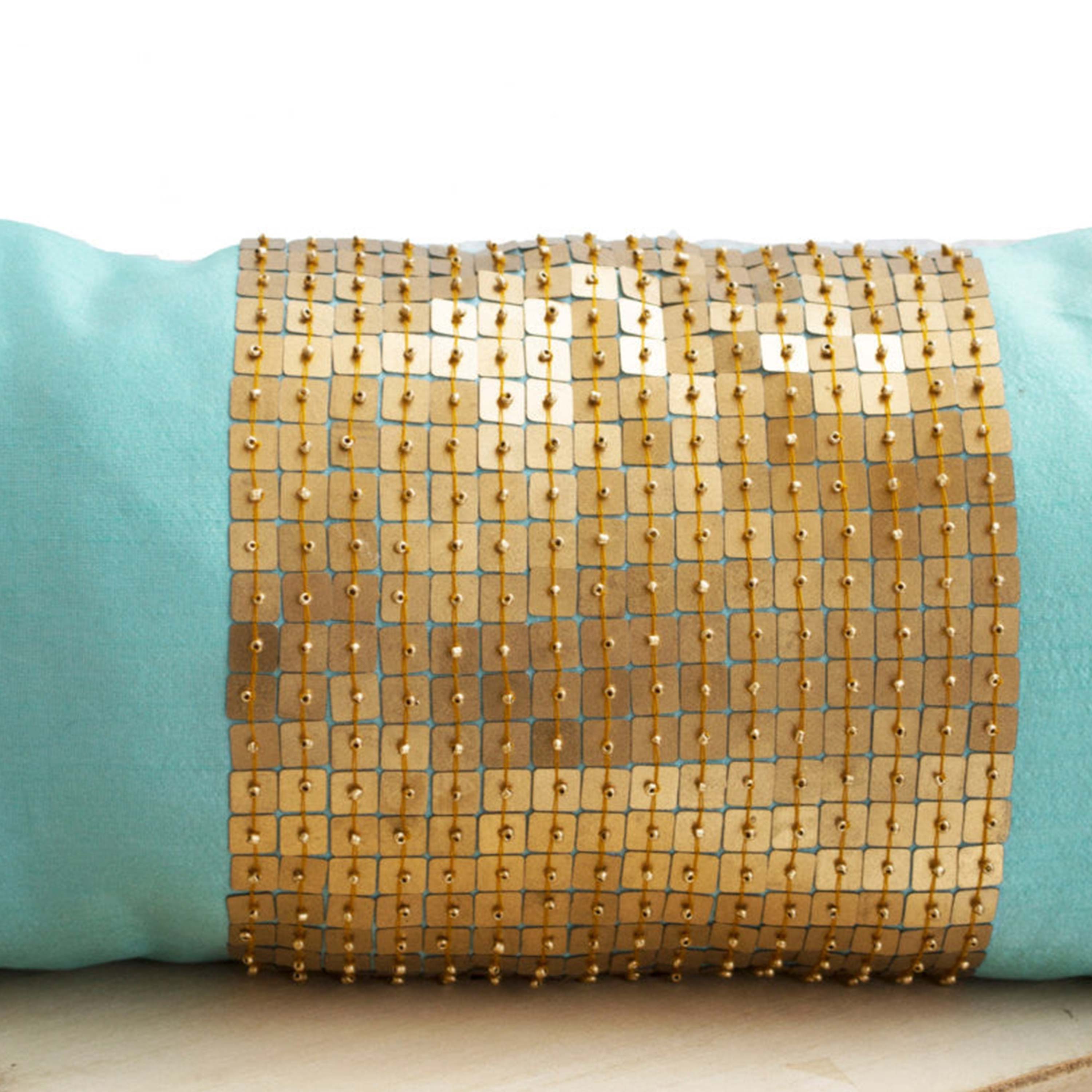 Teal Lumbar Pillows -Teal gold color block pillows in silk -Sequin pillow -18x9 -Couch pillow- Sofa pillows- Toss pillow -Decorative pillow