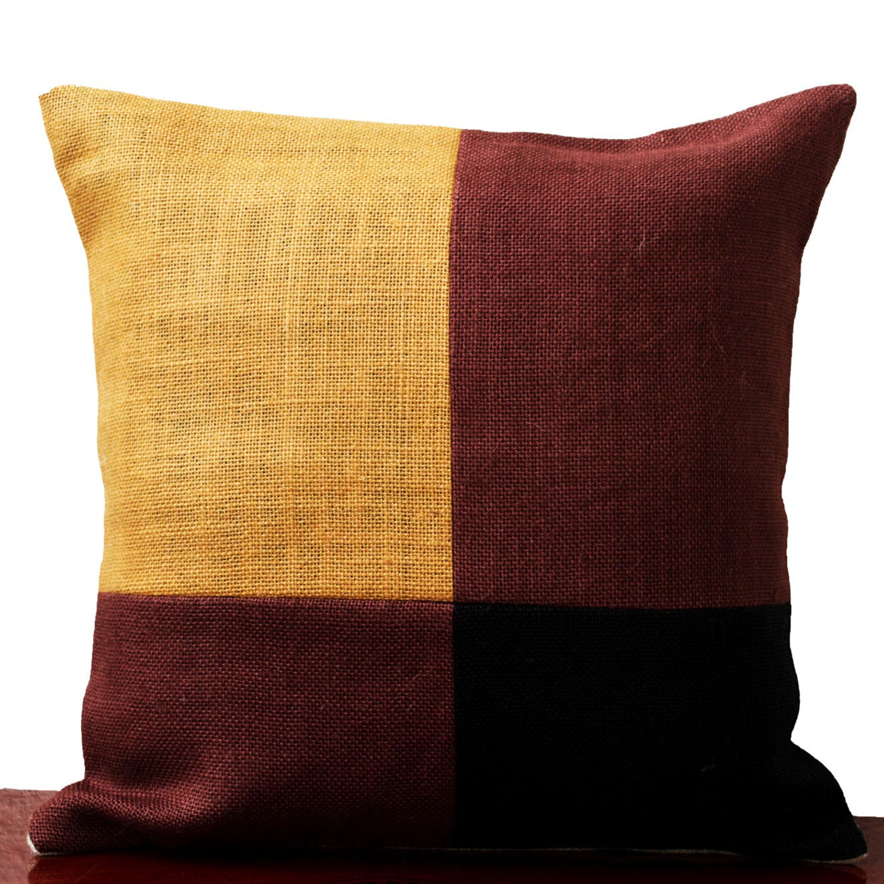 Burlap Pillow Cover With Color Block In Black Mustard Brown For A Designer Look