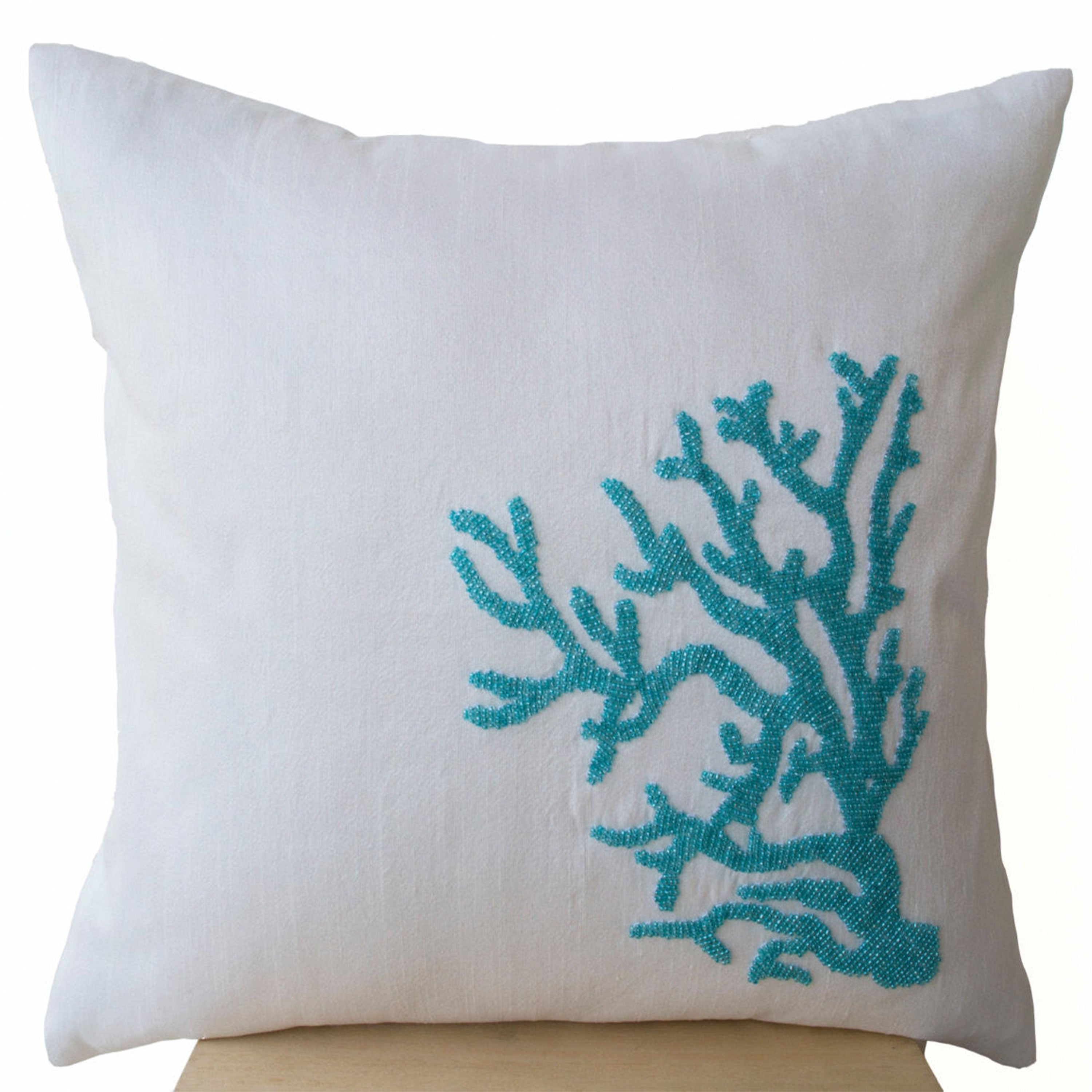 Decorative Pillow Cover Embroidered With Turquoise Blue Coral On White Silk