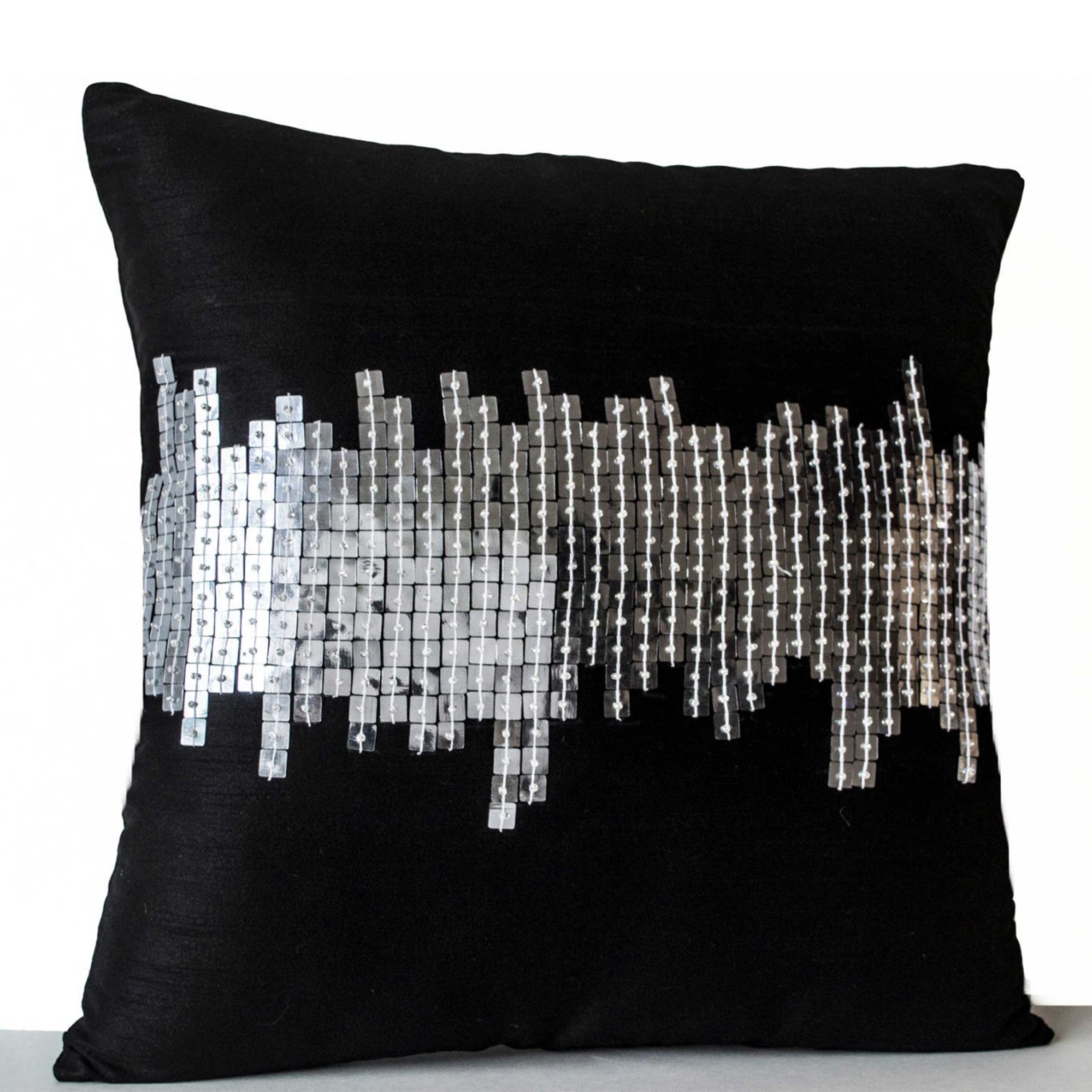 Silk Pillow Cases With New York City Lights Embellished In Silver Sequin Designer Geometric Cushion Cover