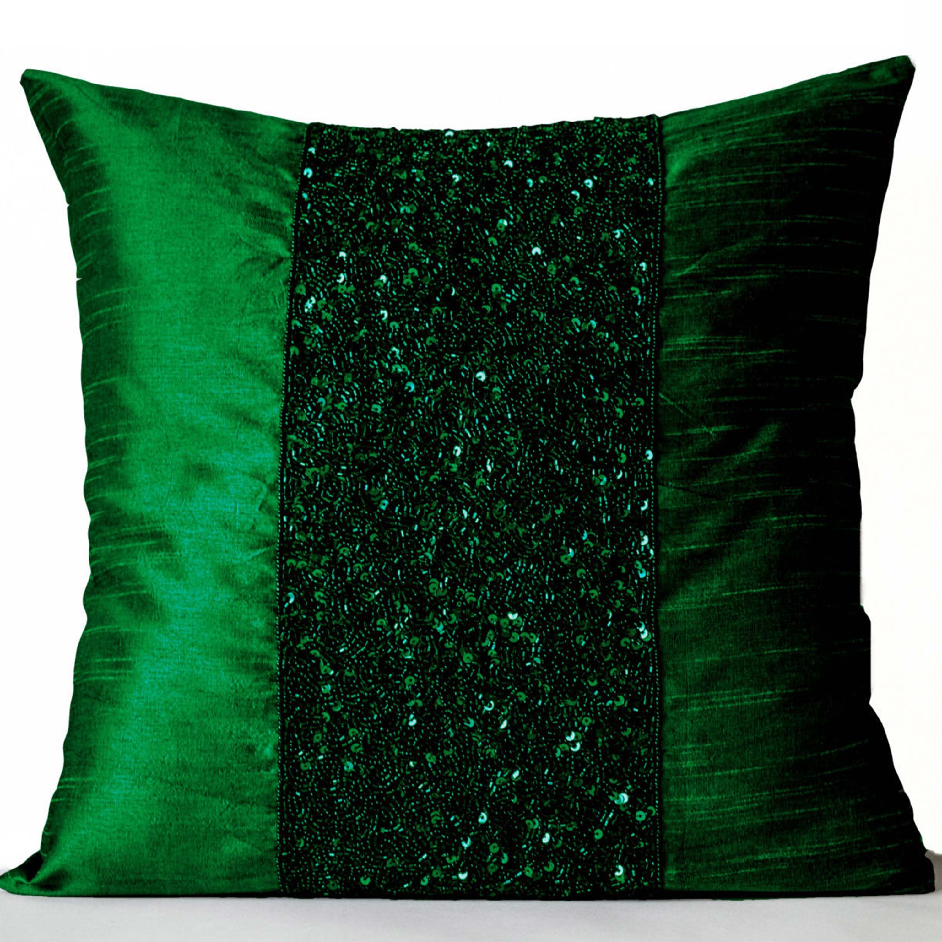 Throw Pillows -Emerald Green Silk Pillows -Sparkle Pillow covers -Green Beads Sequin Embroidered Pillow -18x18 -Gift -New Year -Anniversary