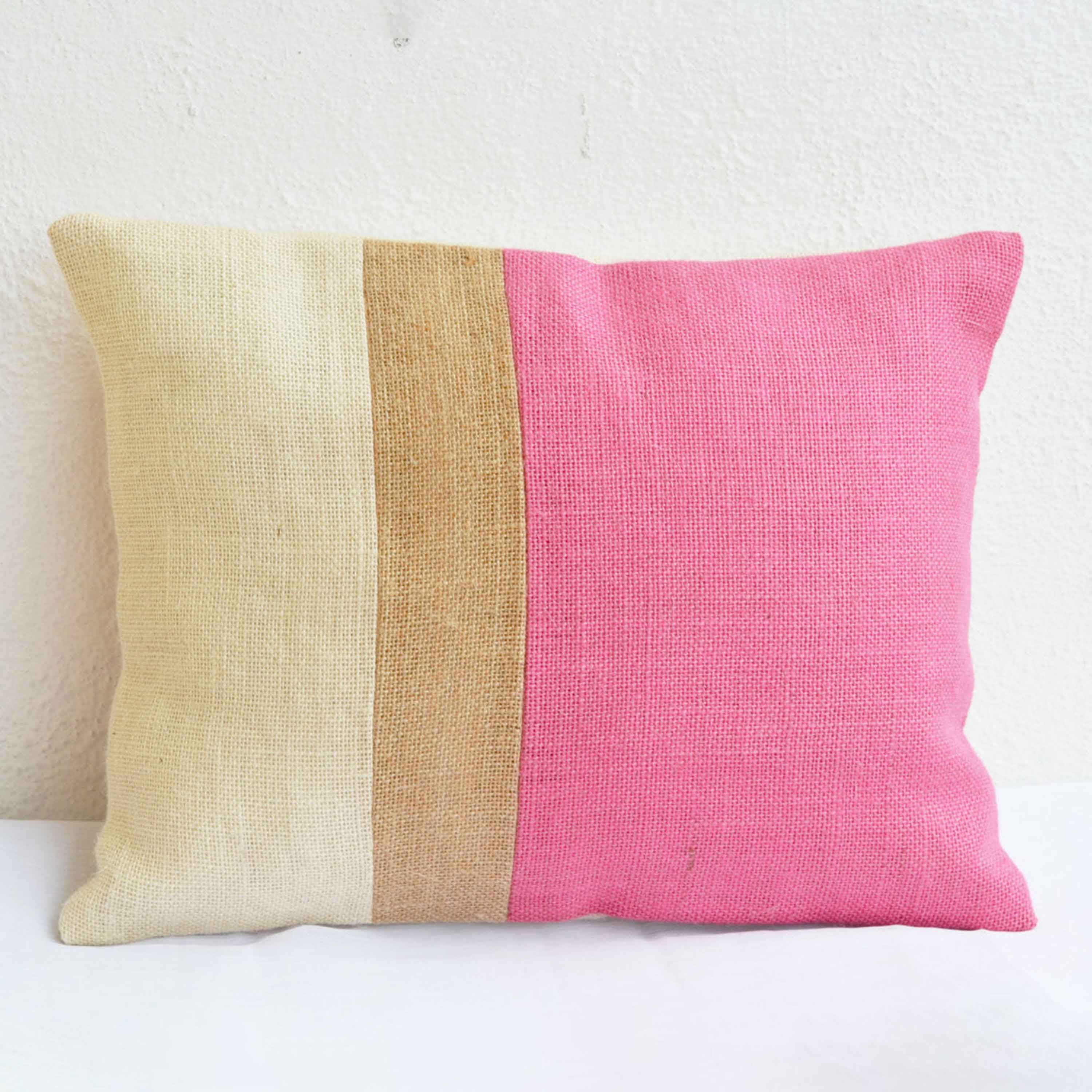 Pink Pillow - Burlap Pillow color block - Pink Decorative cushion cover- Spring Throw pillow gift 12X16 - Pink Lumbar Pillow