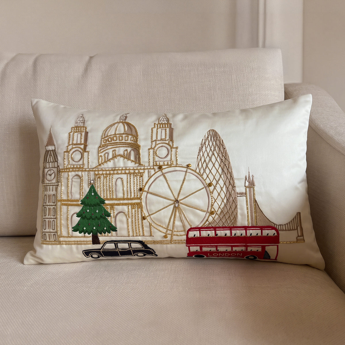 London Embroidered Christmas Pillow Cover, Decorative Pillow Cover