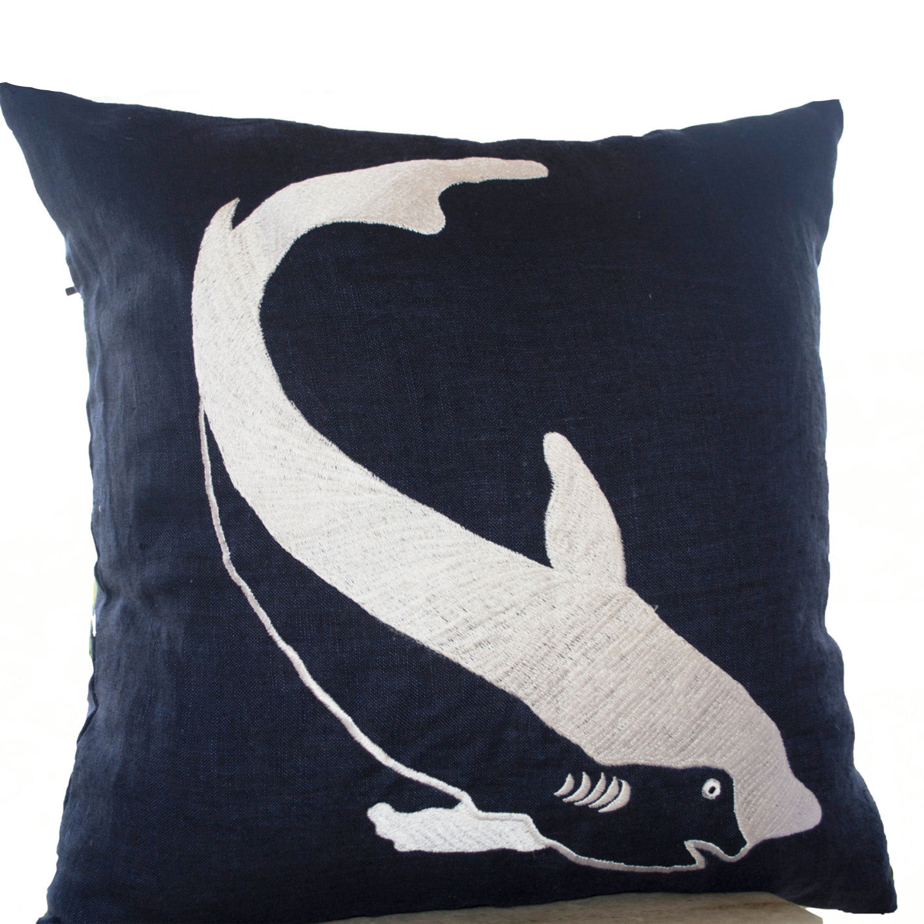 Linen Pillows- Navy Pillow Covers- Shark Throw Pillow- Sea Life Pillow- Navy Blue Pillow- Oceanic pillows- 18x18 Gift Pillow- Chair Pillow