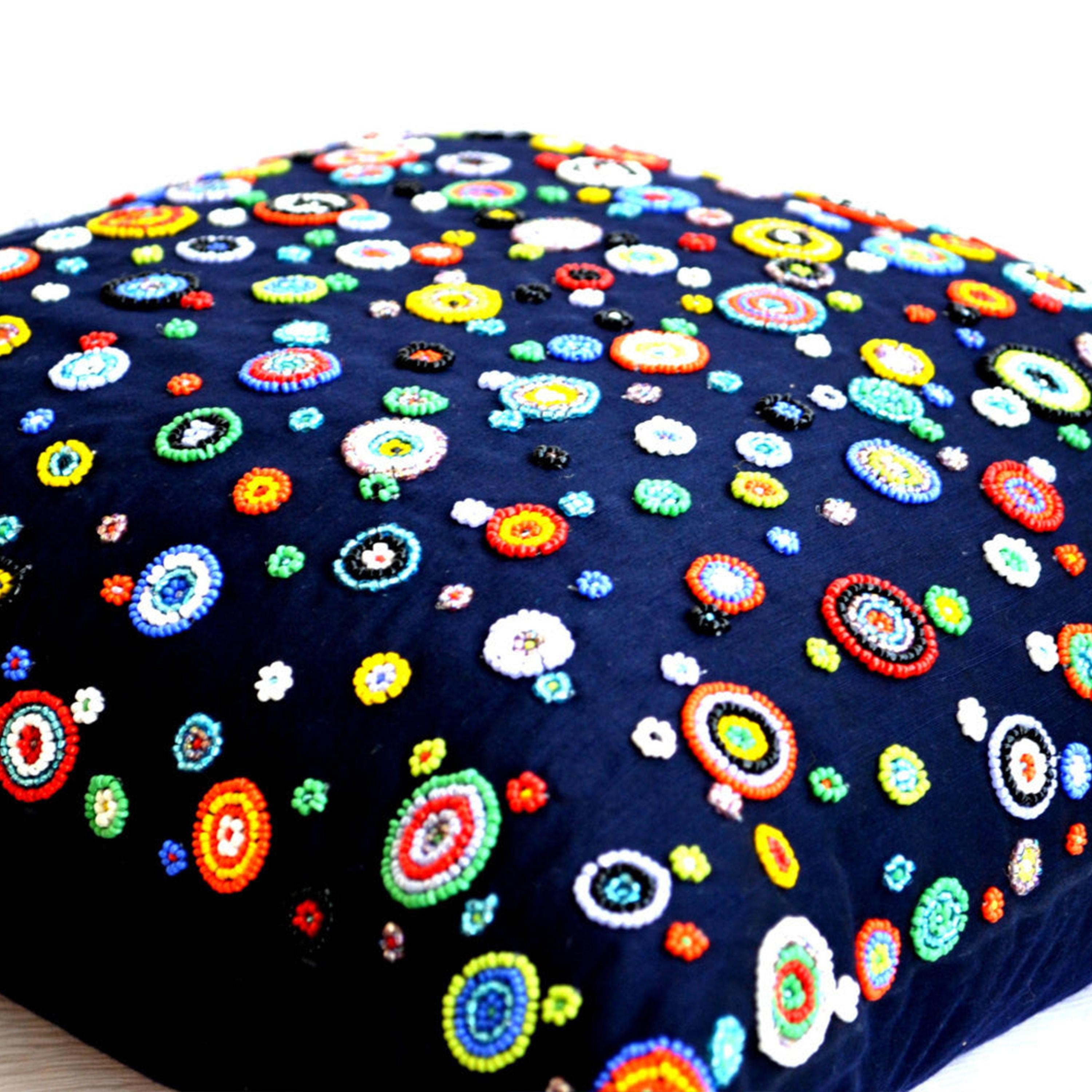 Rapsody of Circles Navy Blue Throw Pillow With Red, Yellow, Blue, Green, Orange Beads Geometric Cushion Cover