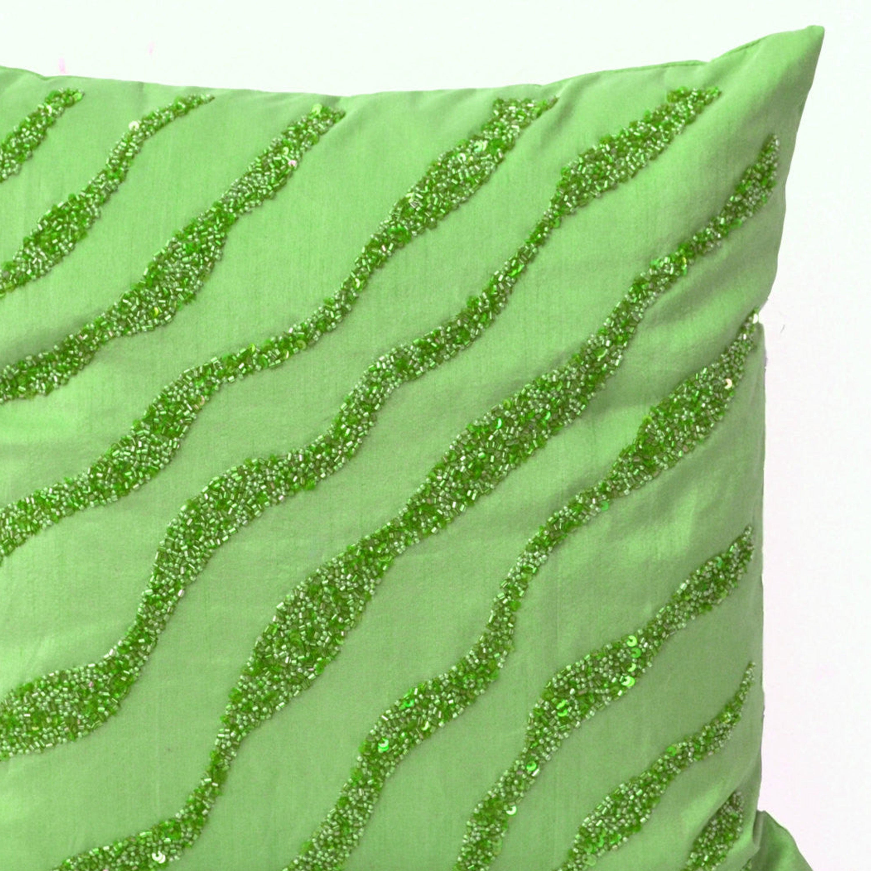 Green throw Pillows - Green waves sequin bead detail cushion - Sequin bead pillow - 16X16 green pillow - gifts - Green decorative pillows