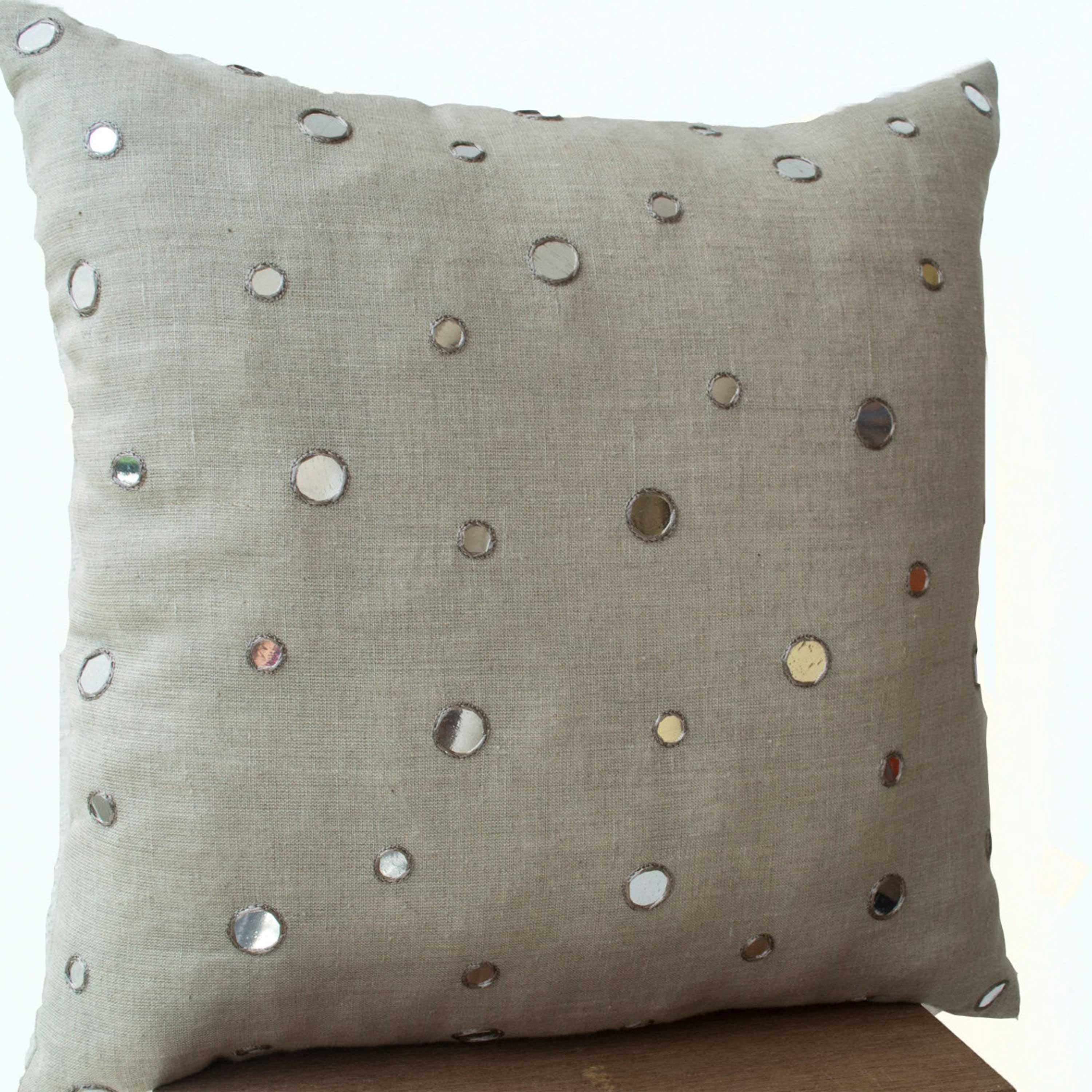 Shimmering Mirrors On Natural Oatmeal Linen Cushion Cover, Hand Embellished Warm Gray Decorative Linen Throw Pillow