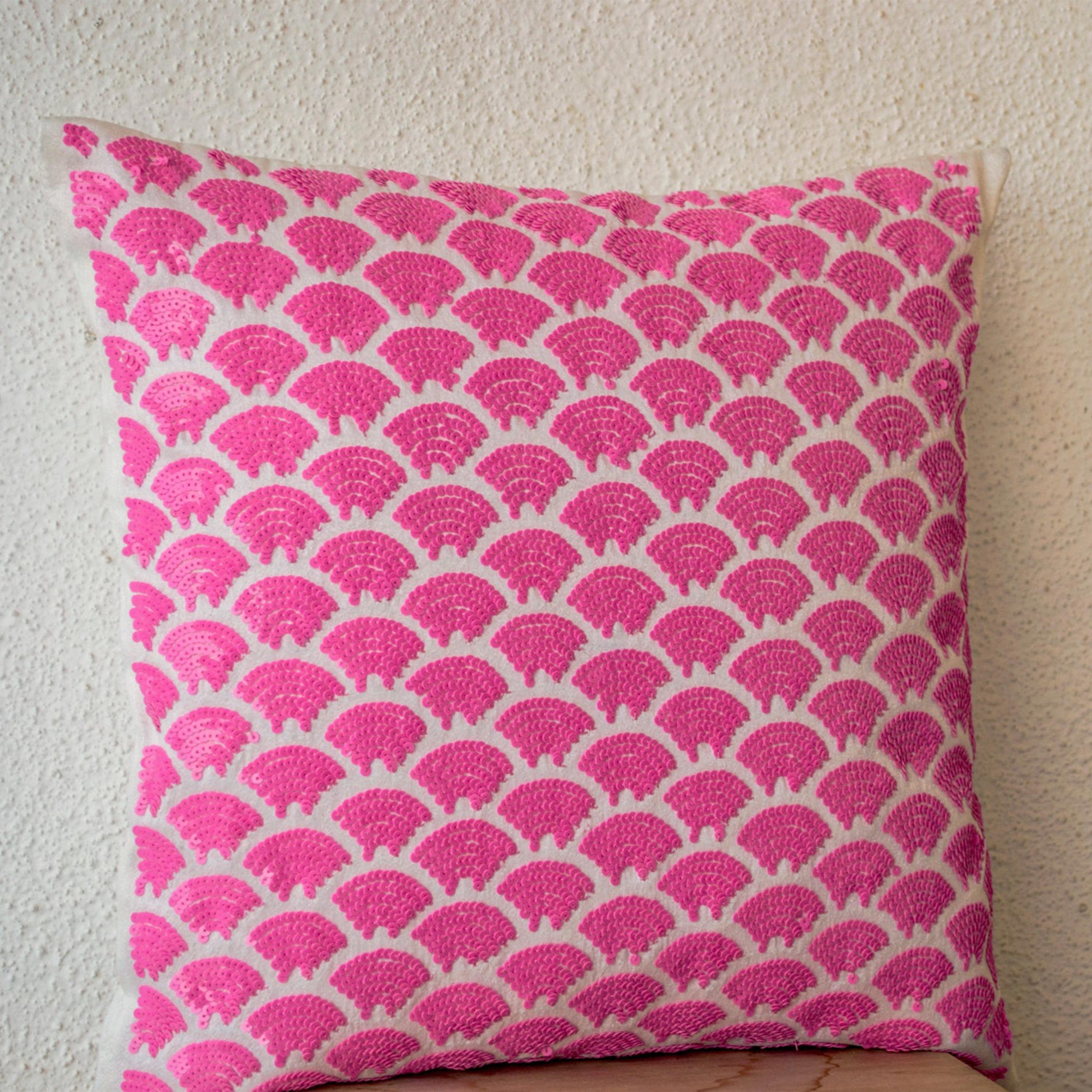 Pink sequin pillows with embroidered waves - Sashiko pillow covers - Pink Cushion cover zipper - Throw pillow - gift - 18x18 - Pink pillows