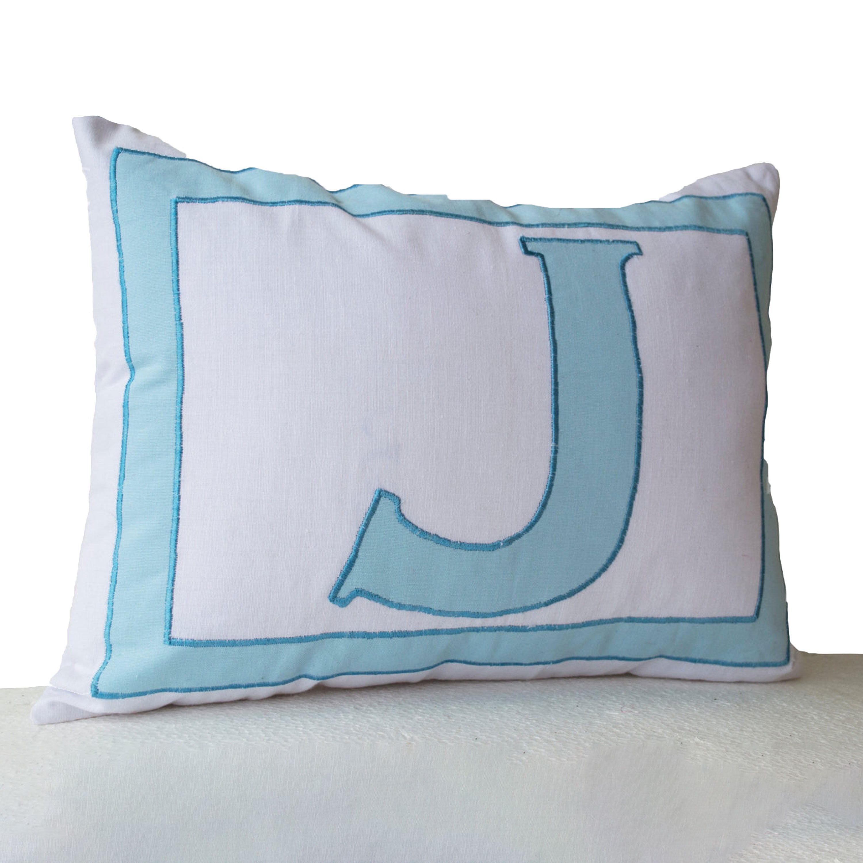 Monogram Pillows -Personalized White Blue letter pillow cover- Alphabet throw pillow- Customized letter cushions- Cotton pillow- Gift- 12x16