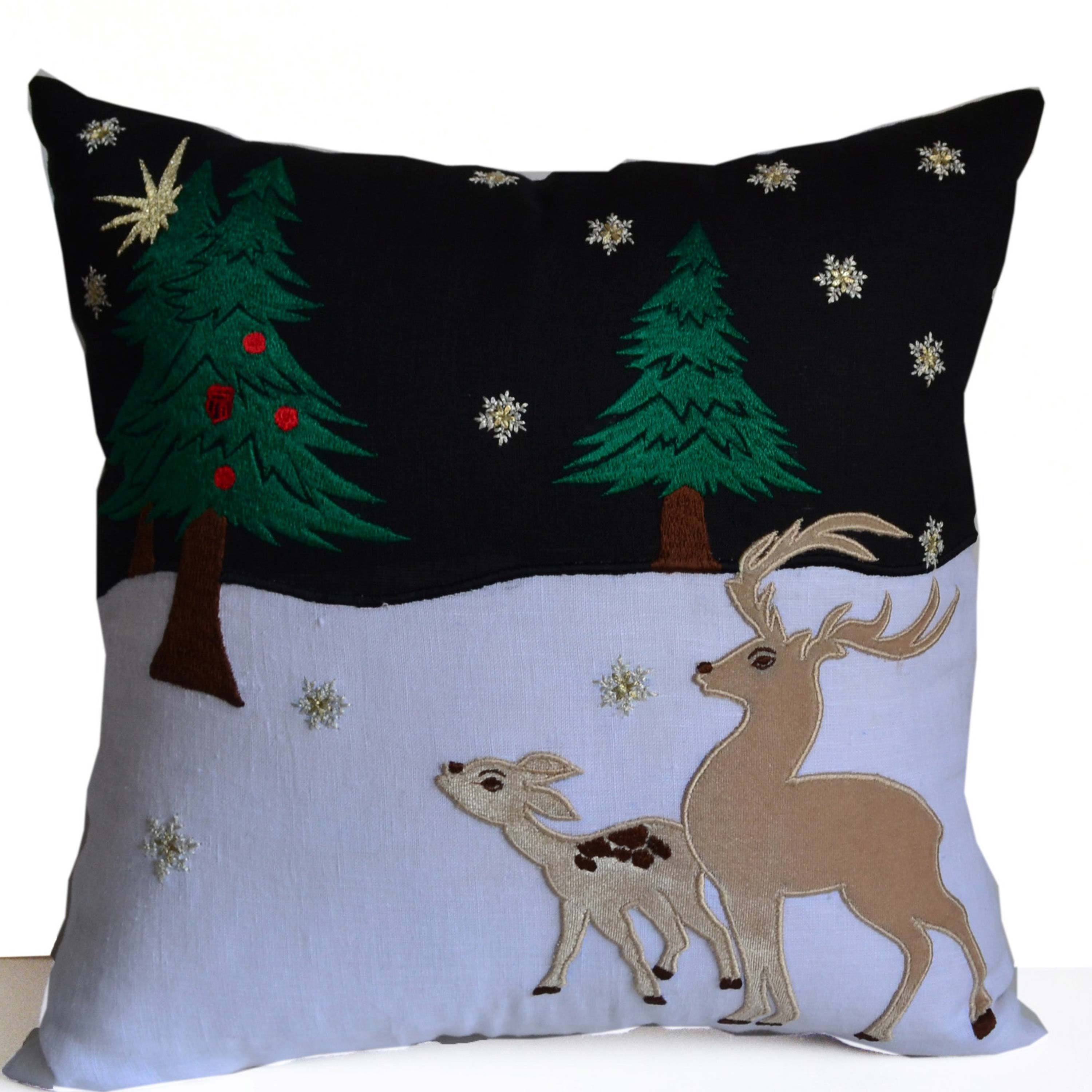 Reindeer On Christmas Snowy Night Pillow For Holiday Decor