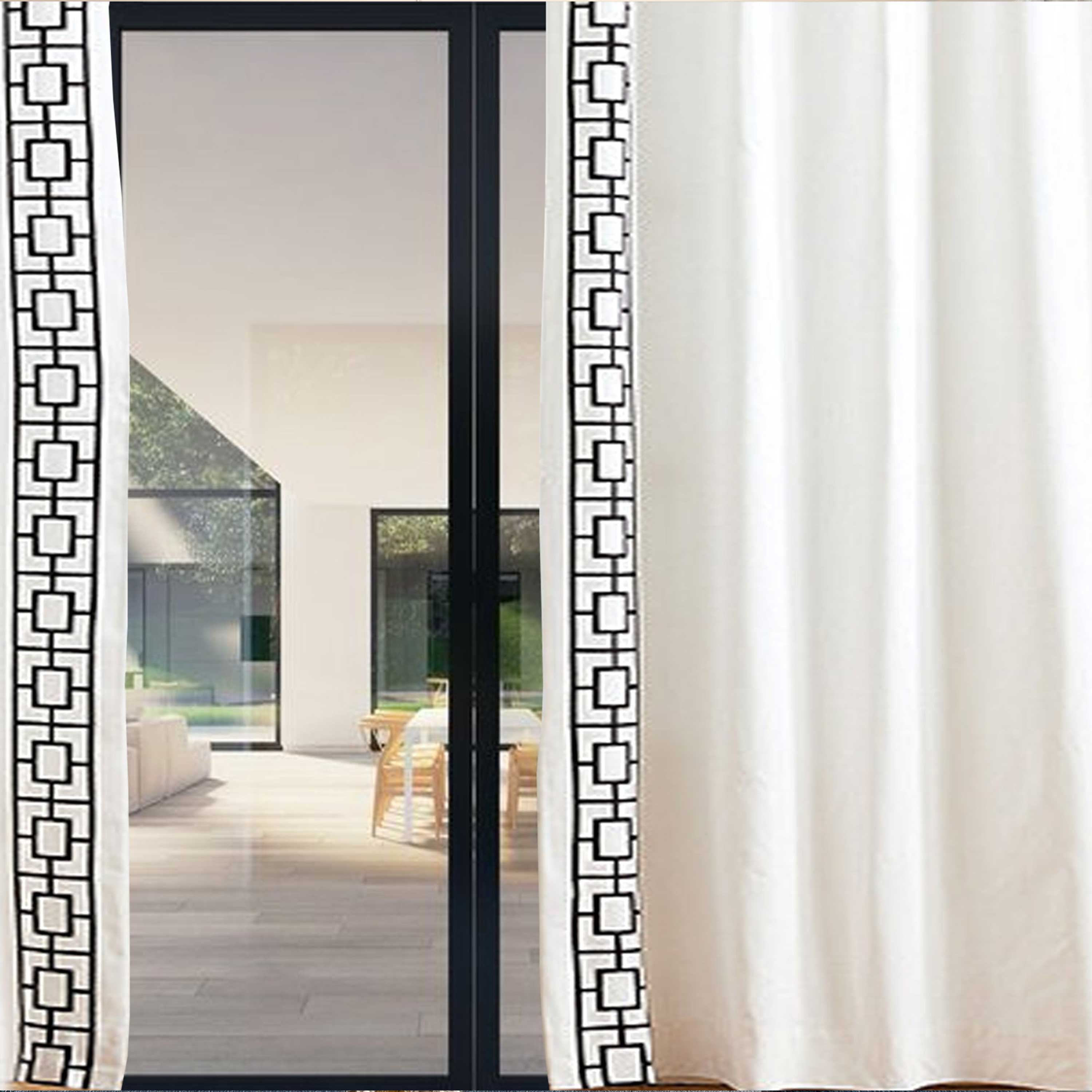 Lattice Embroidery Linen Curtain Drape - Ivory Black Custom Drapes