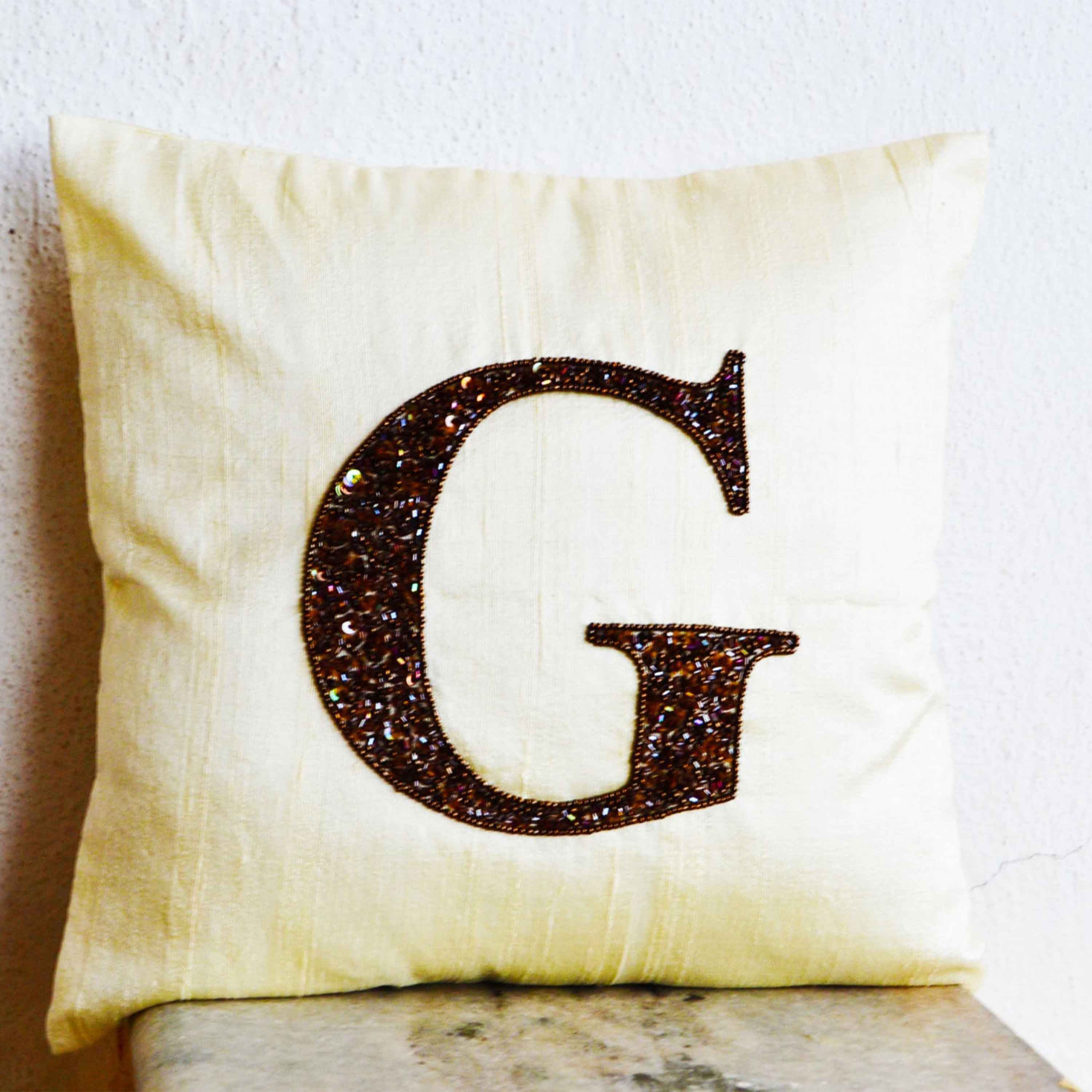 Premium Silk Monogram Pillows -Personalized throw pillows -Bronze sequin cushion case -Pure silk pillow -16X16 cream cushion - gift pillow