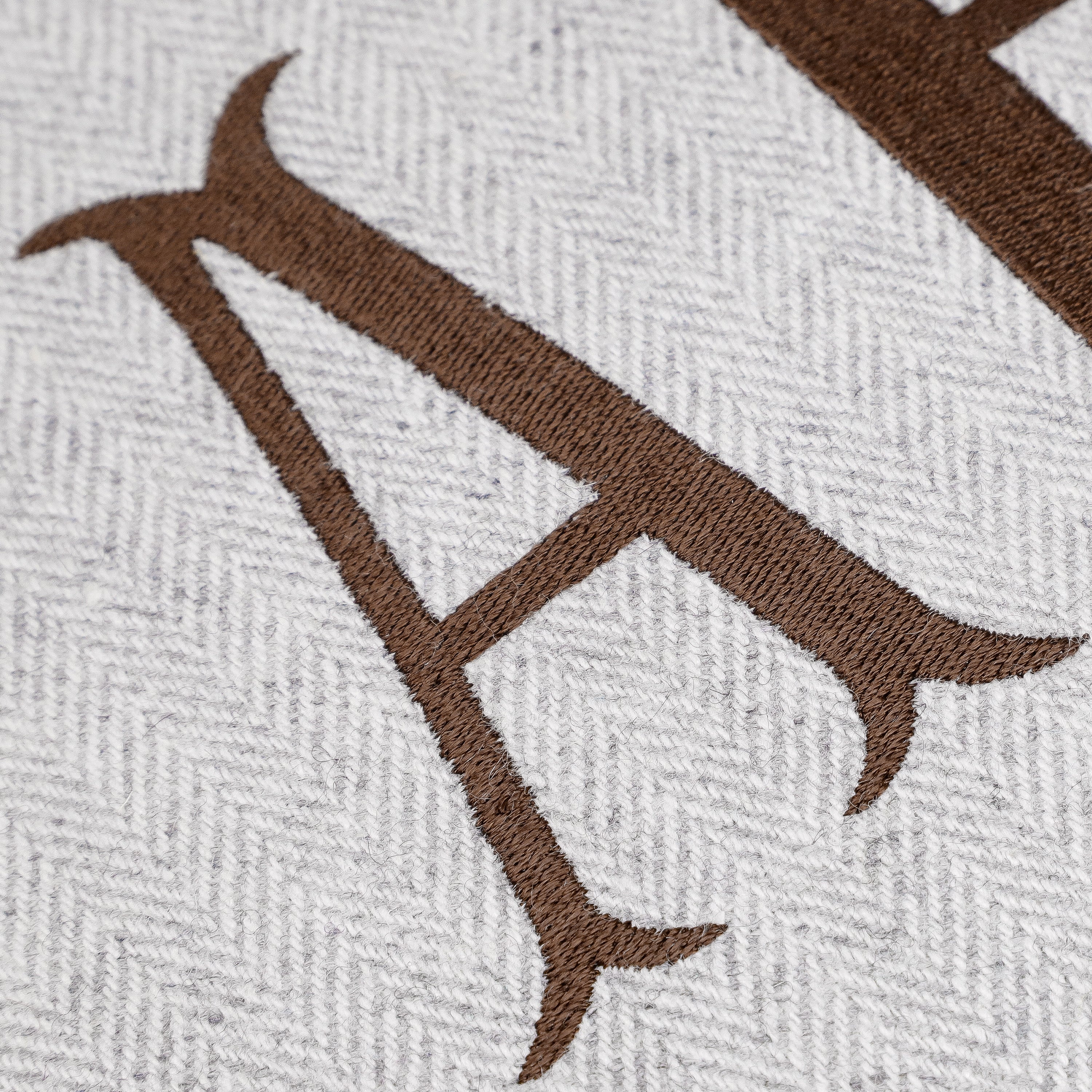 Personalized Herringbone Wool Pillow Cover with Leather Trim and Custom Monogram Embroidery