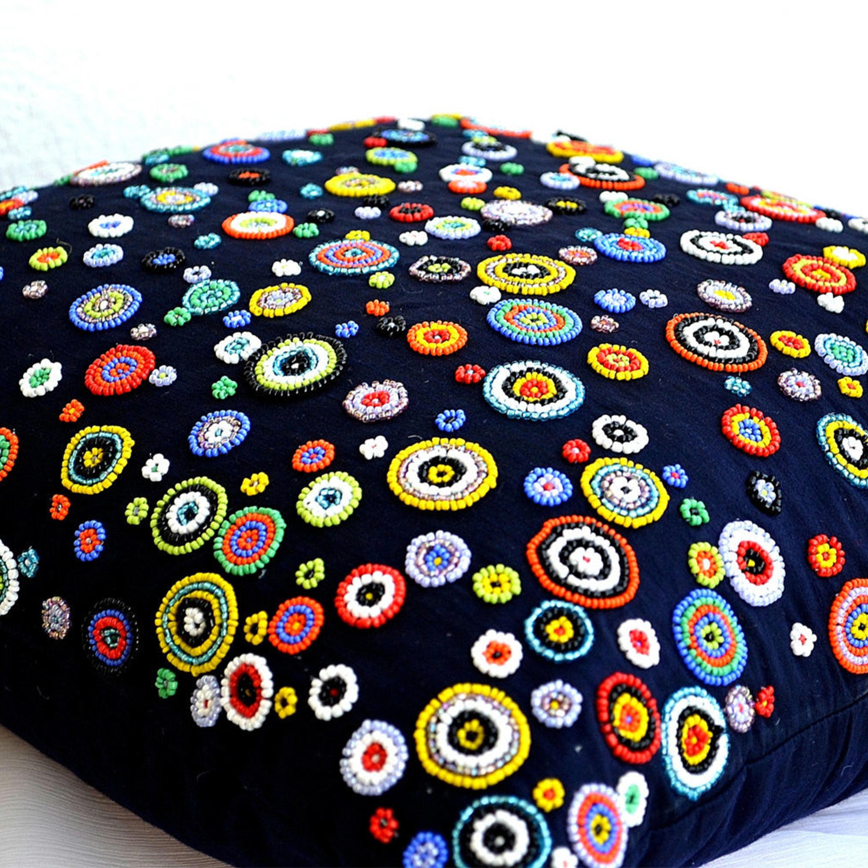 Rapsody of Circles Navy Blue Throw Pillow With Red, Yellow, Blue, Green, Orange Beads Geometric Cushion Cover