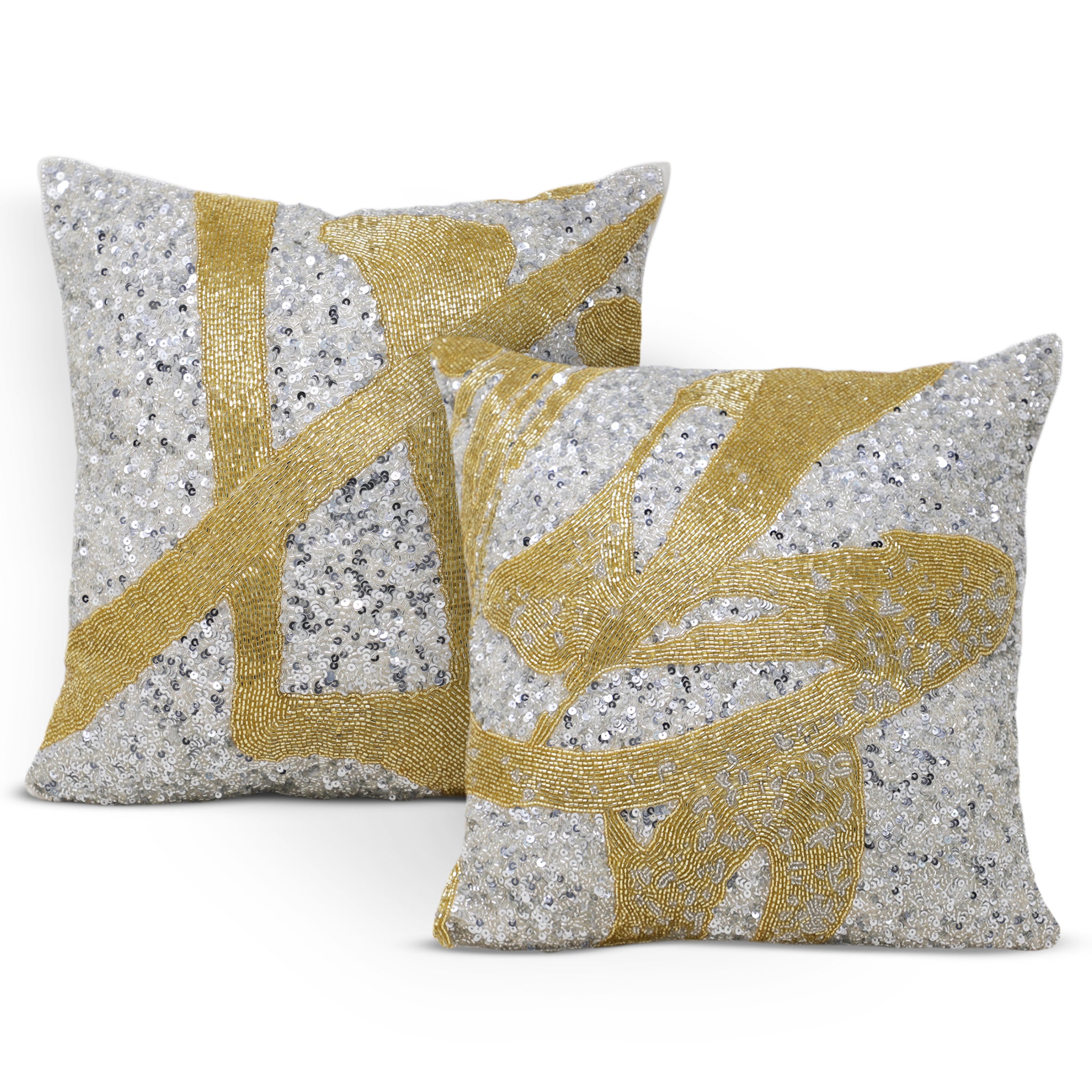 Ode To Japan - Gold Silver Beaded Pillow Cover, Gilver Beads Pillow Case